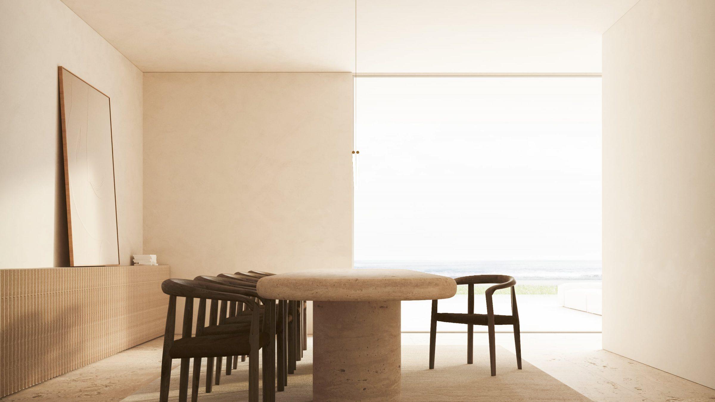 Beach House — dining room interior, controlled light and material register