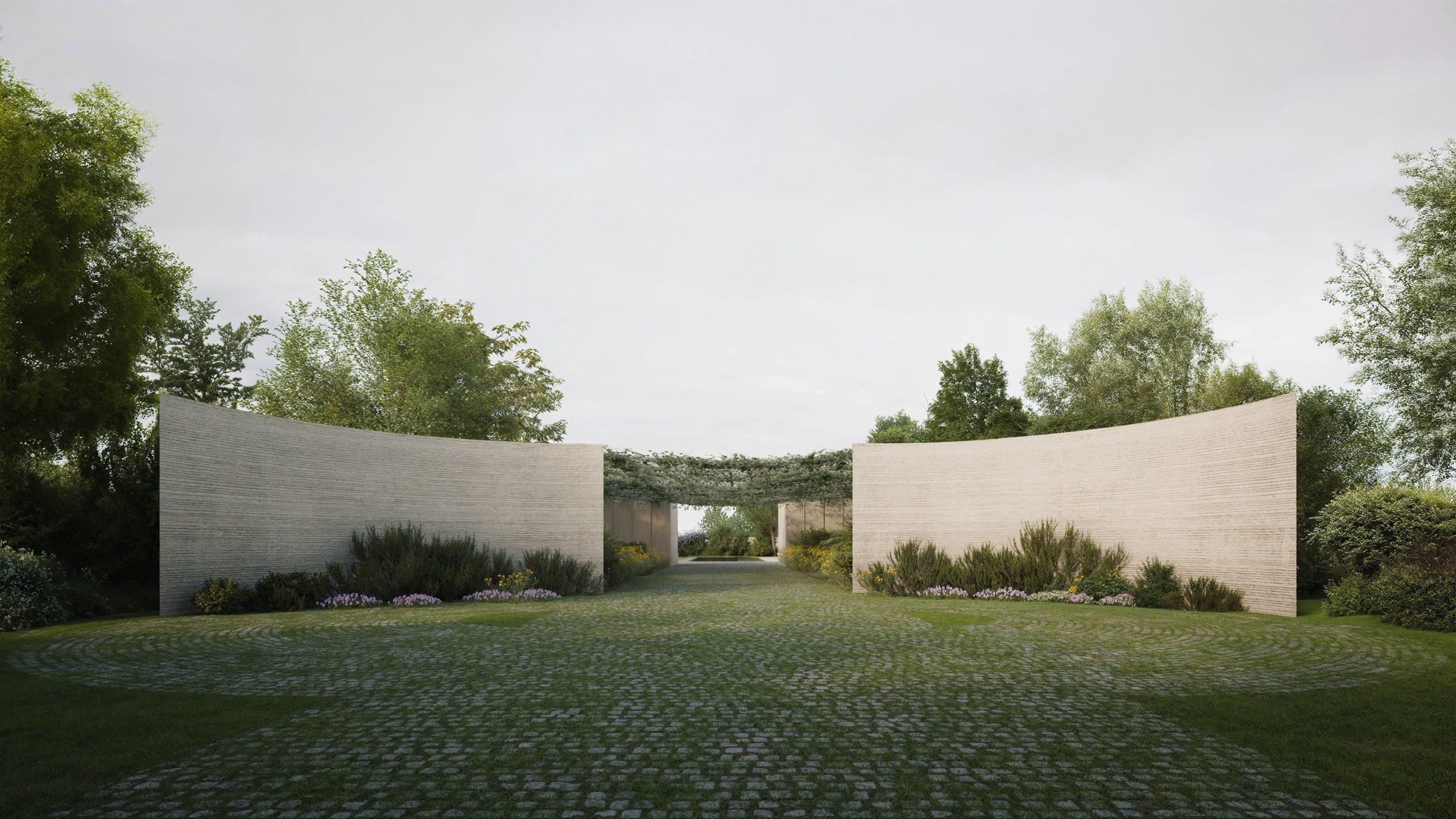 Calma House — entrance approach between two curved garden walls