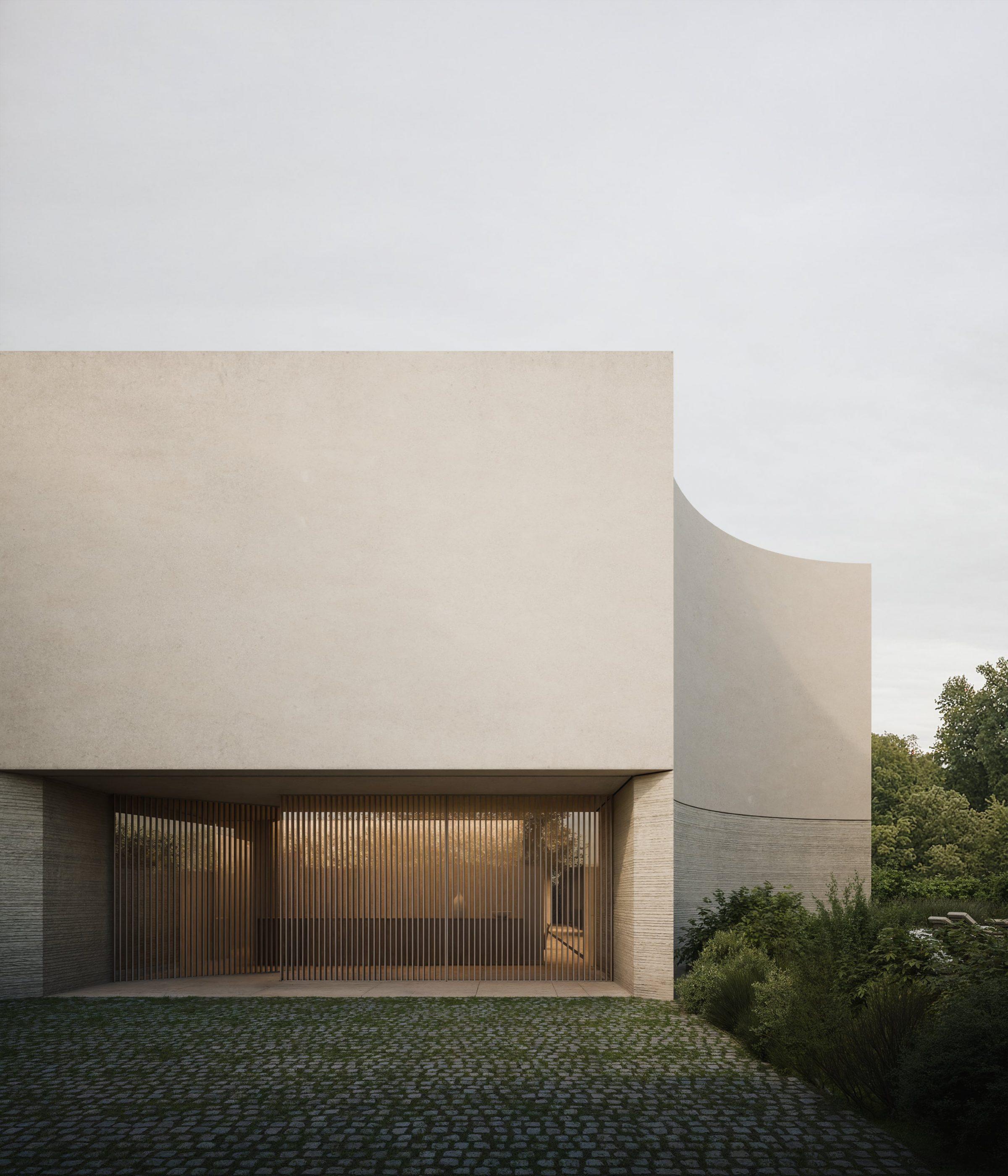 Calma House — covered entrance porch, timber slatted screen
