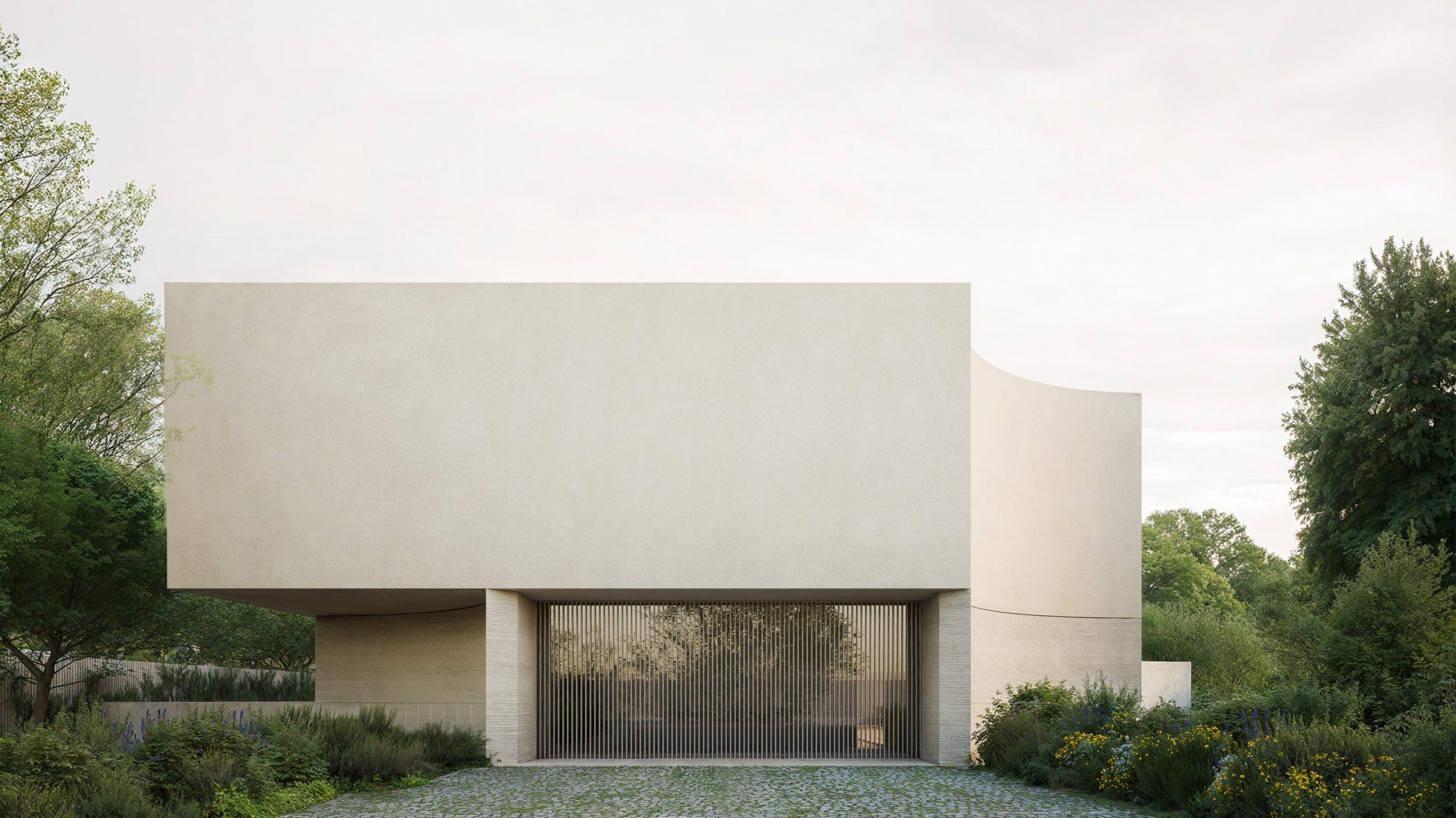 Calma House — front facade with cobblestone driveway, curved volume on the right