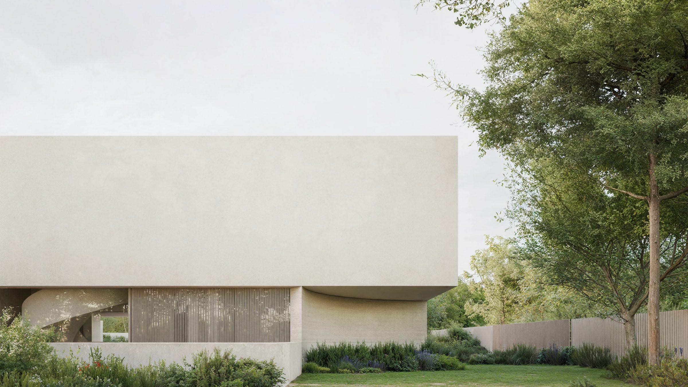 Calma House — lateral elevation across the garden, mature trees retained
