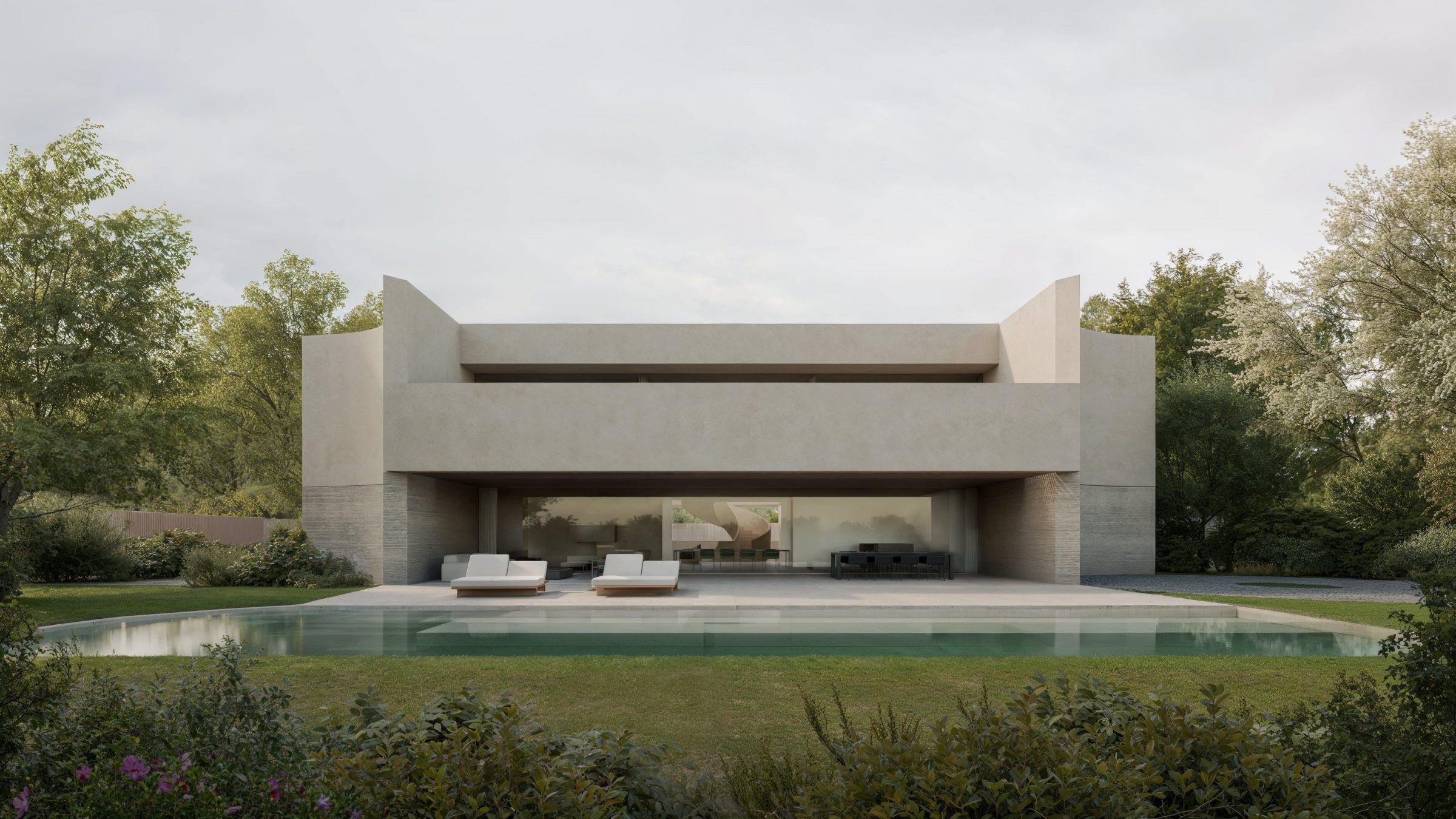 Calma House — main southeast elevation with reflecting pool