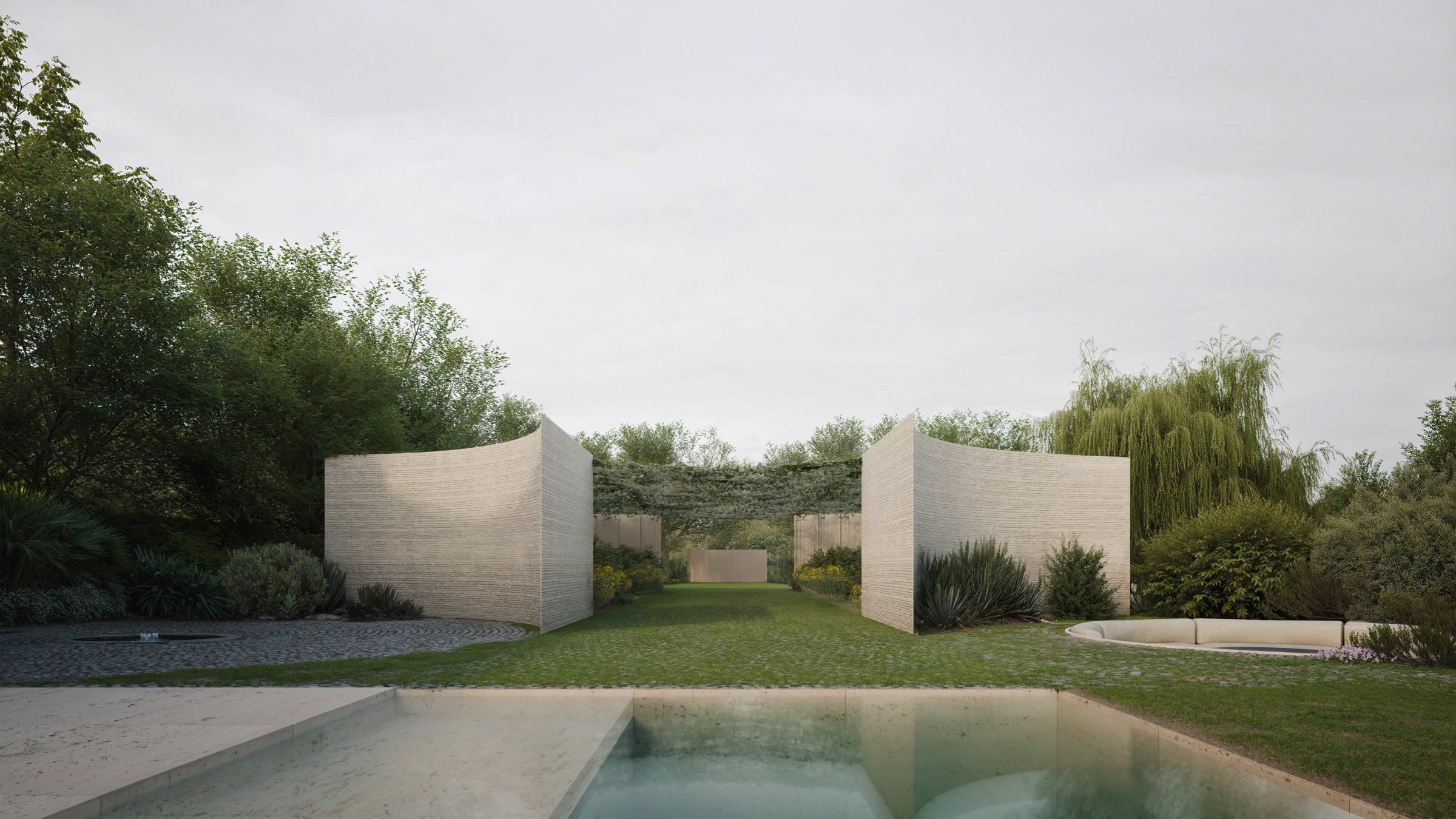 Calma House — secondary pavilion seen from the pool, vegetation canopy roof