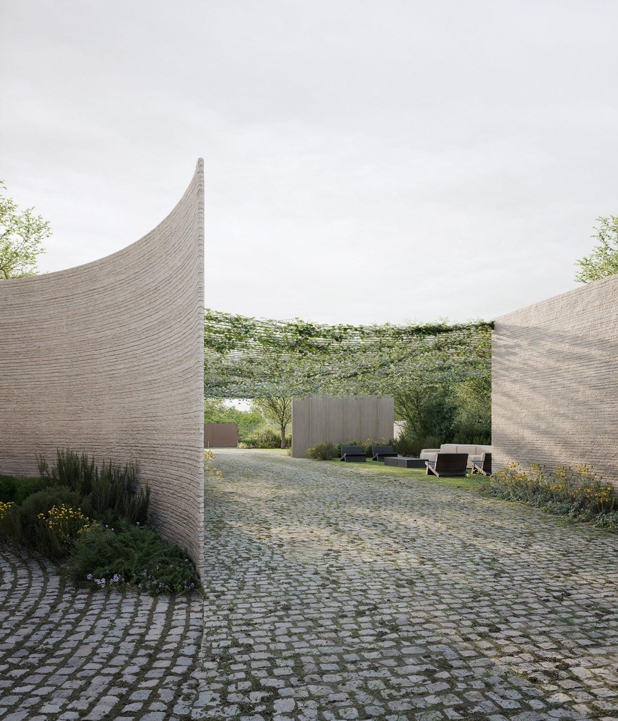 Calma House — pavilion with climbing-plant canopy, a room without walls