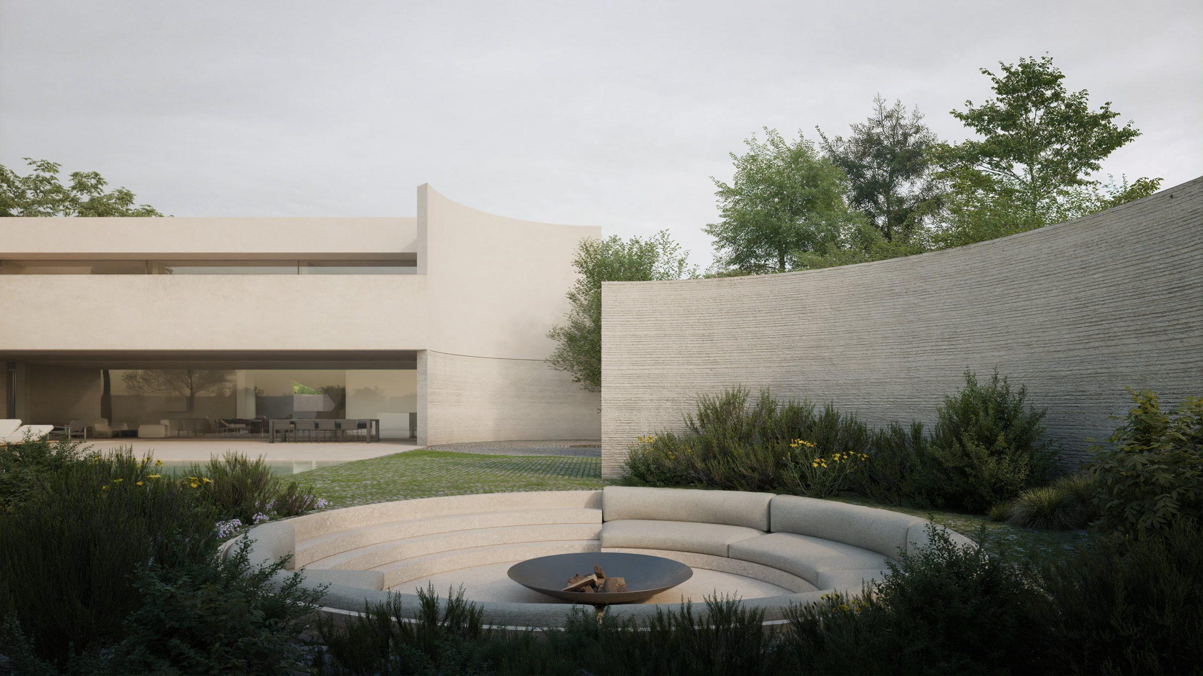 Calma House — sunken circular fire terrace bound by curved garden wall