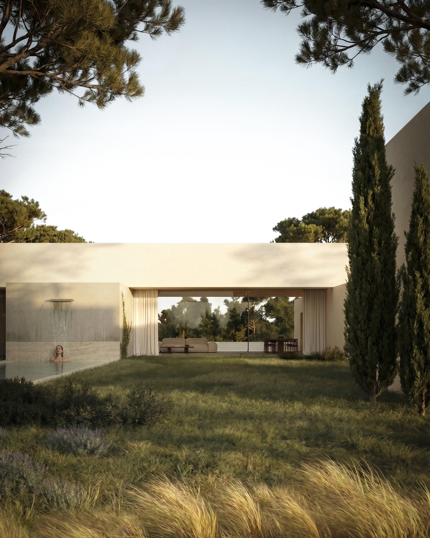 Montevida House — garden view, volumes arranged around the central exterior space