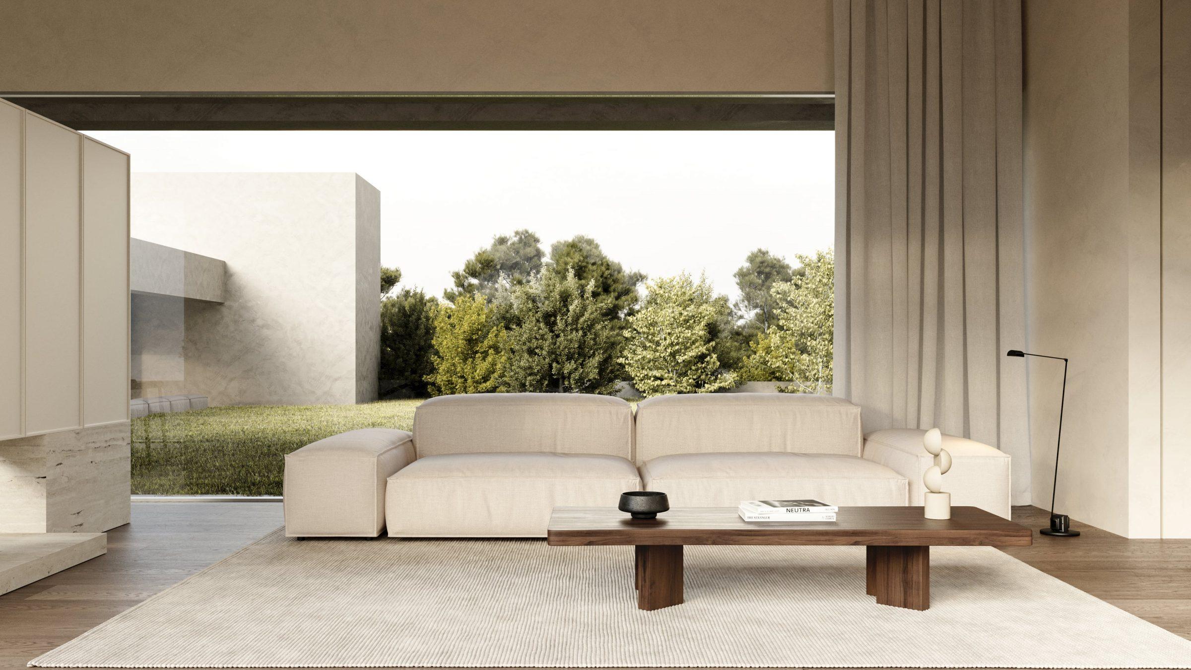 Montevida House — main living, transversal glazed band opening to the garden