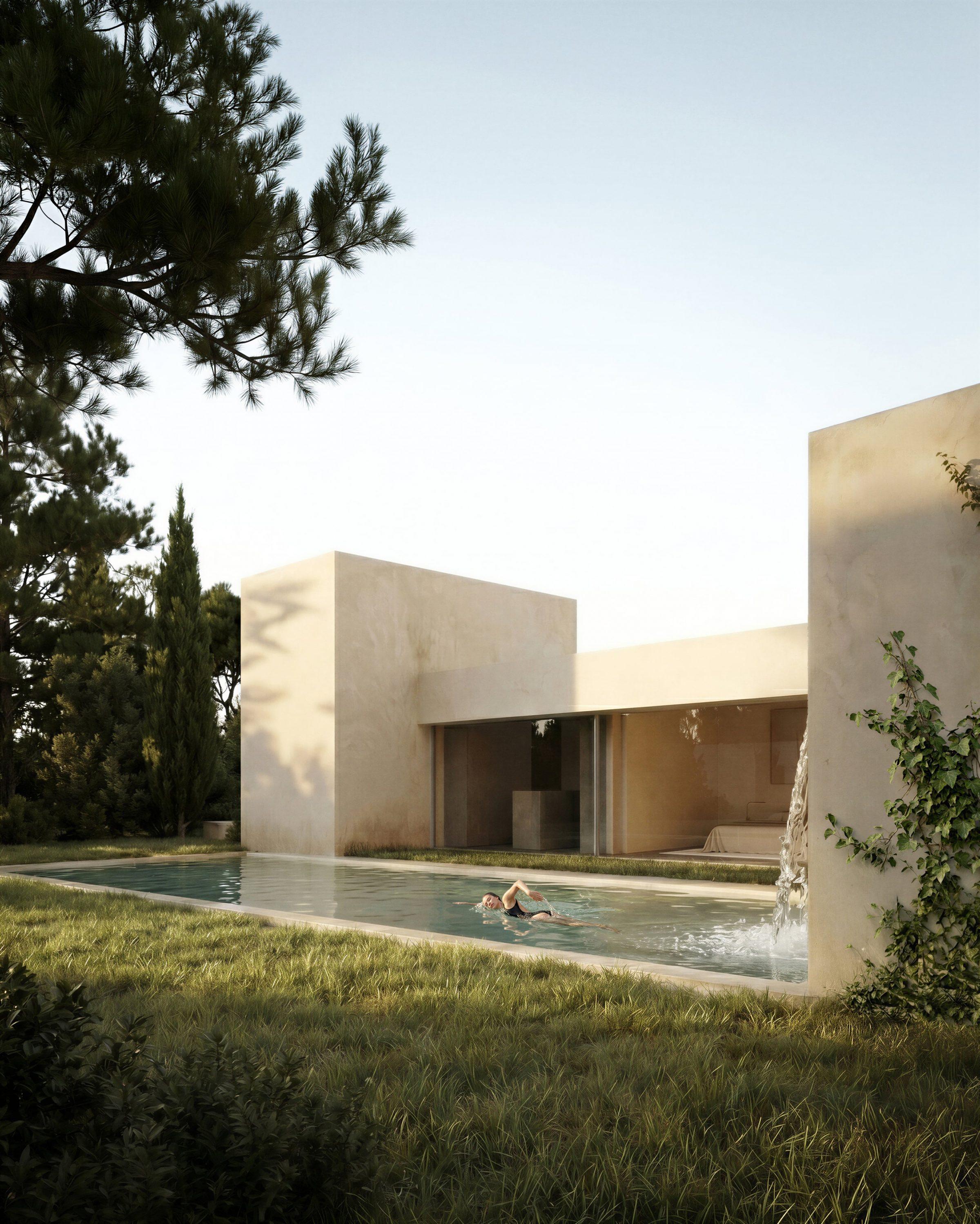 Montevida House — monumental access between two cantilevered volumes