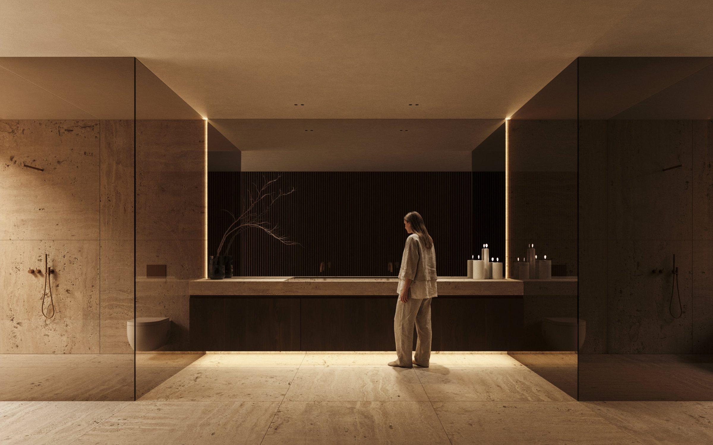 Moraleja CN6 House, master bath, stone vanity and view onto the planted lower roof