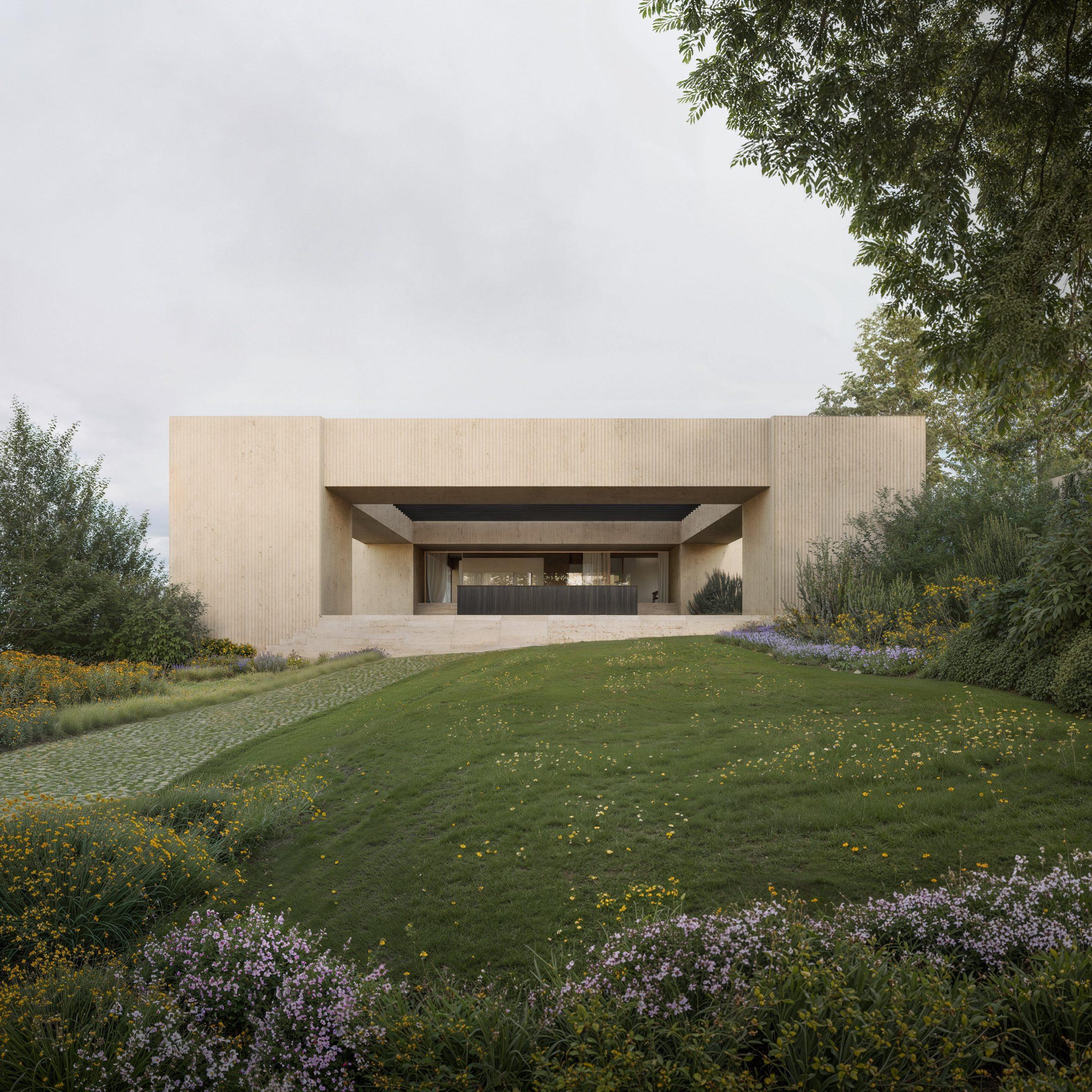 Moraleja CN6 House, the discreet street facade, only one storey visible above the chamfered access path