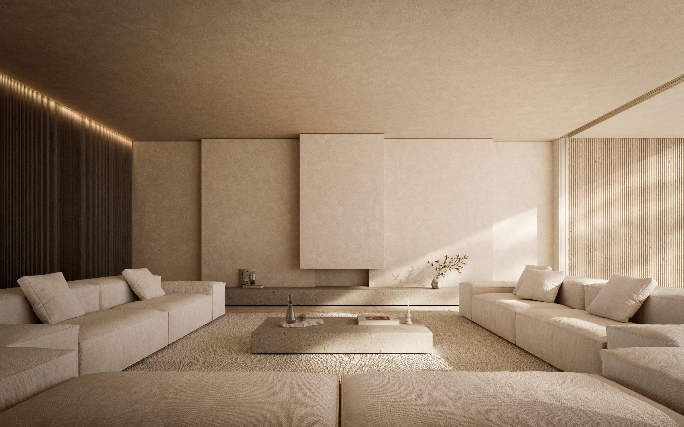 Moraleja CN6 House, formal sitting room, second view of the fireplace wall and oak canopy beyond