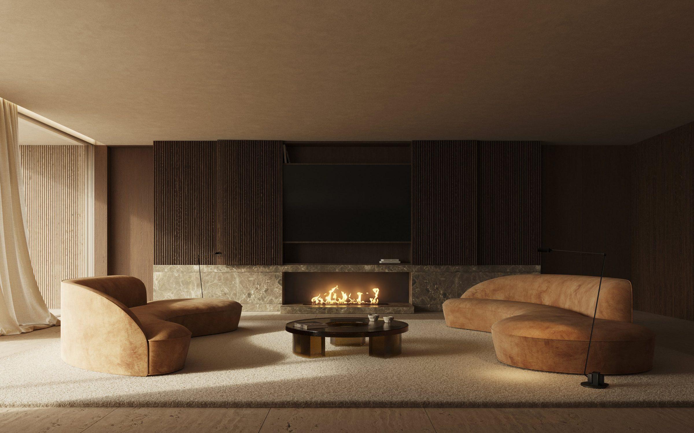 Moraleja CN6 House, informal sitting room, open to the garden through the full glazed wall
