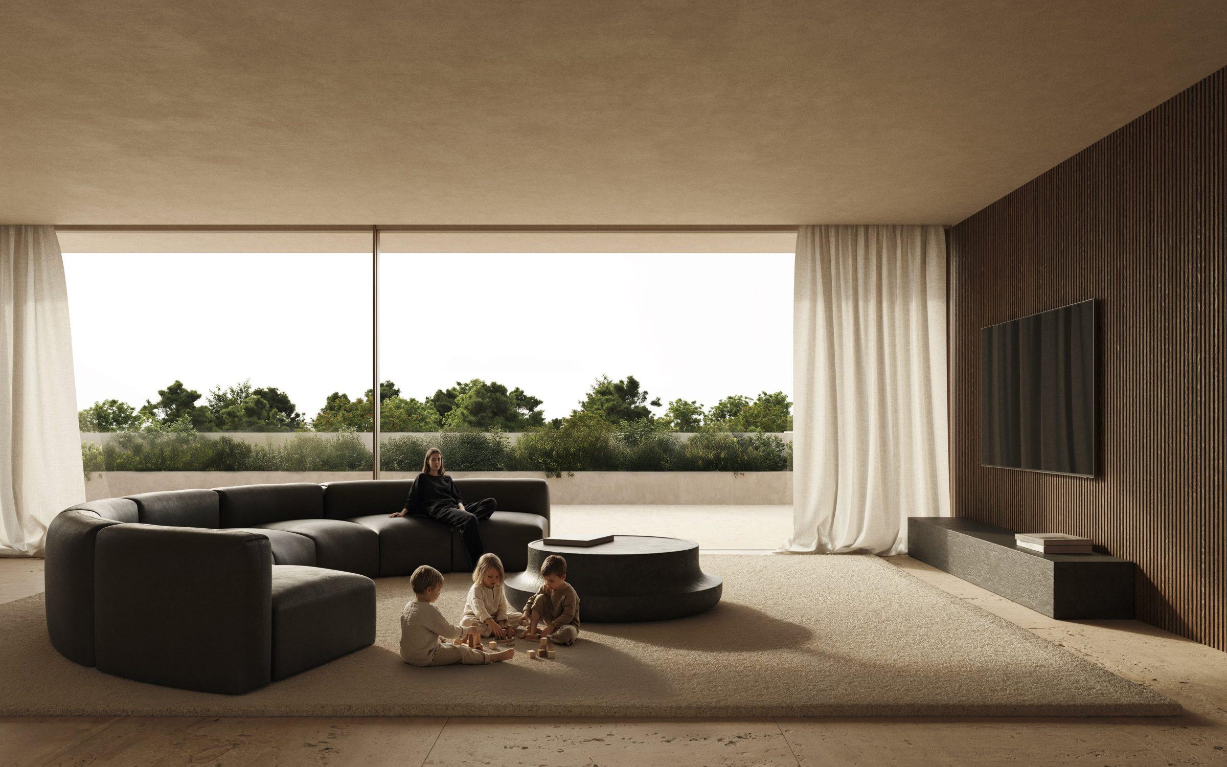 Moraleja CN6 House, first-floor sitting area, oriented south toward the oak canopy