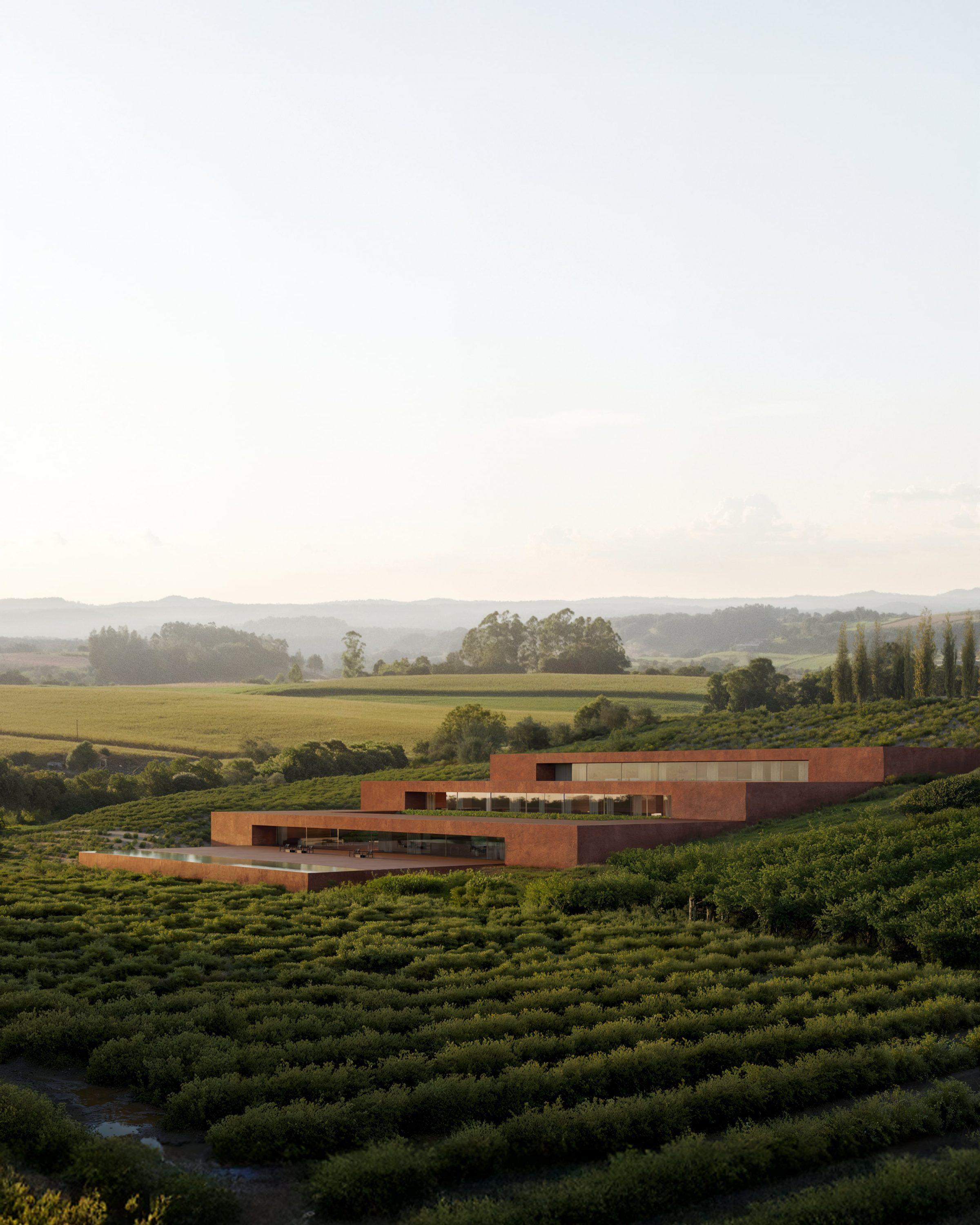 Rural Hotel — broad sunken platform, communal area integrated with the ground