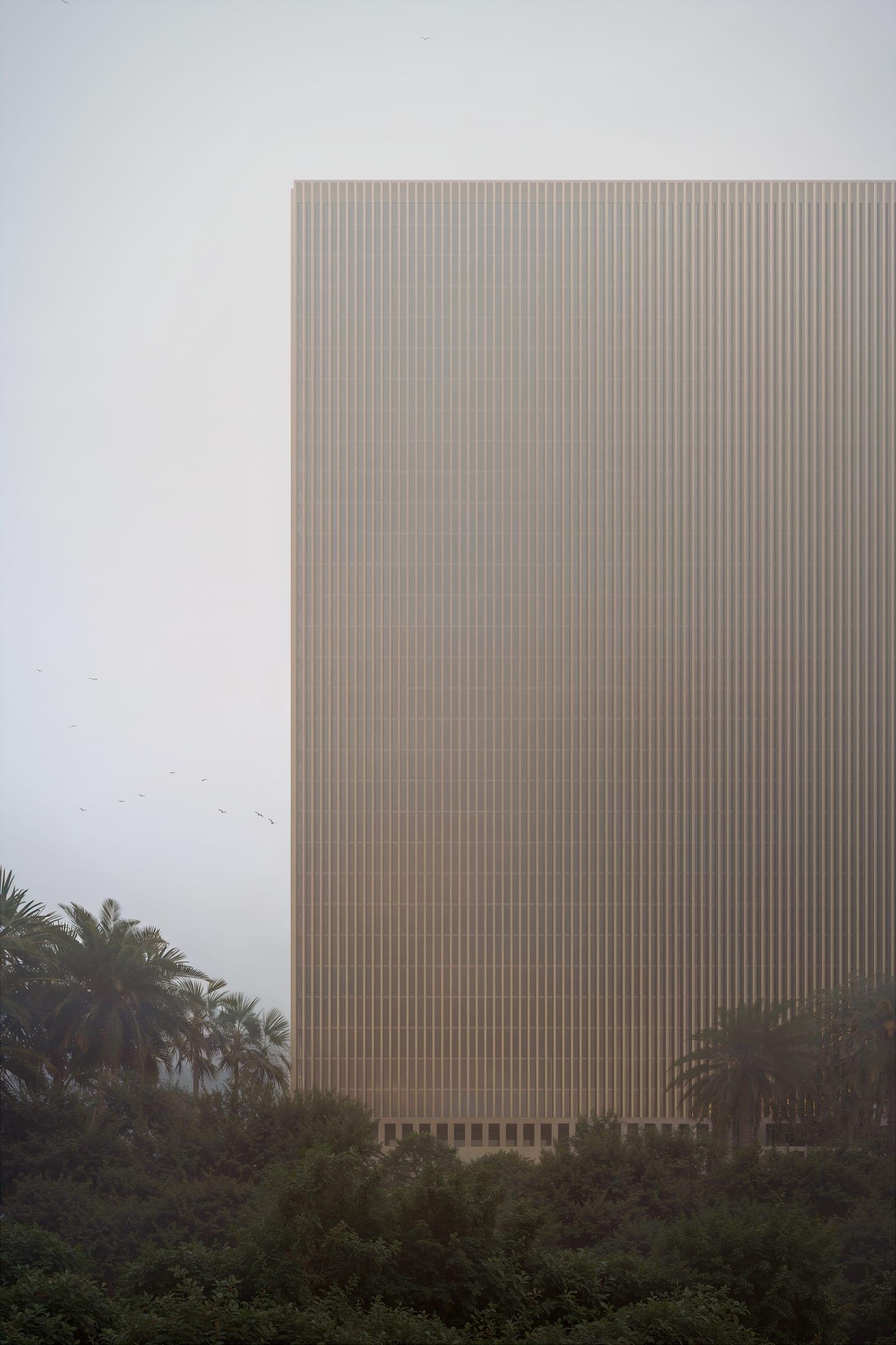 Barzakh Tower — the two towers reading as one composition under a continuous stone lattice