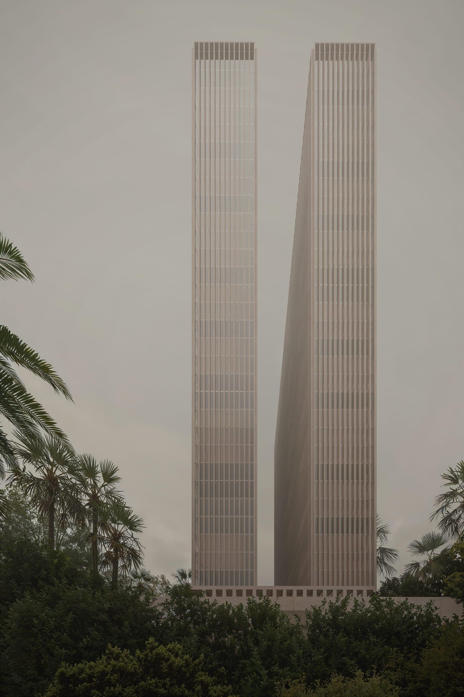 Barzakh Tower — the lattice against the Kuwait sky