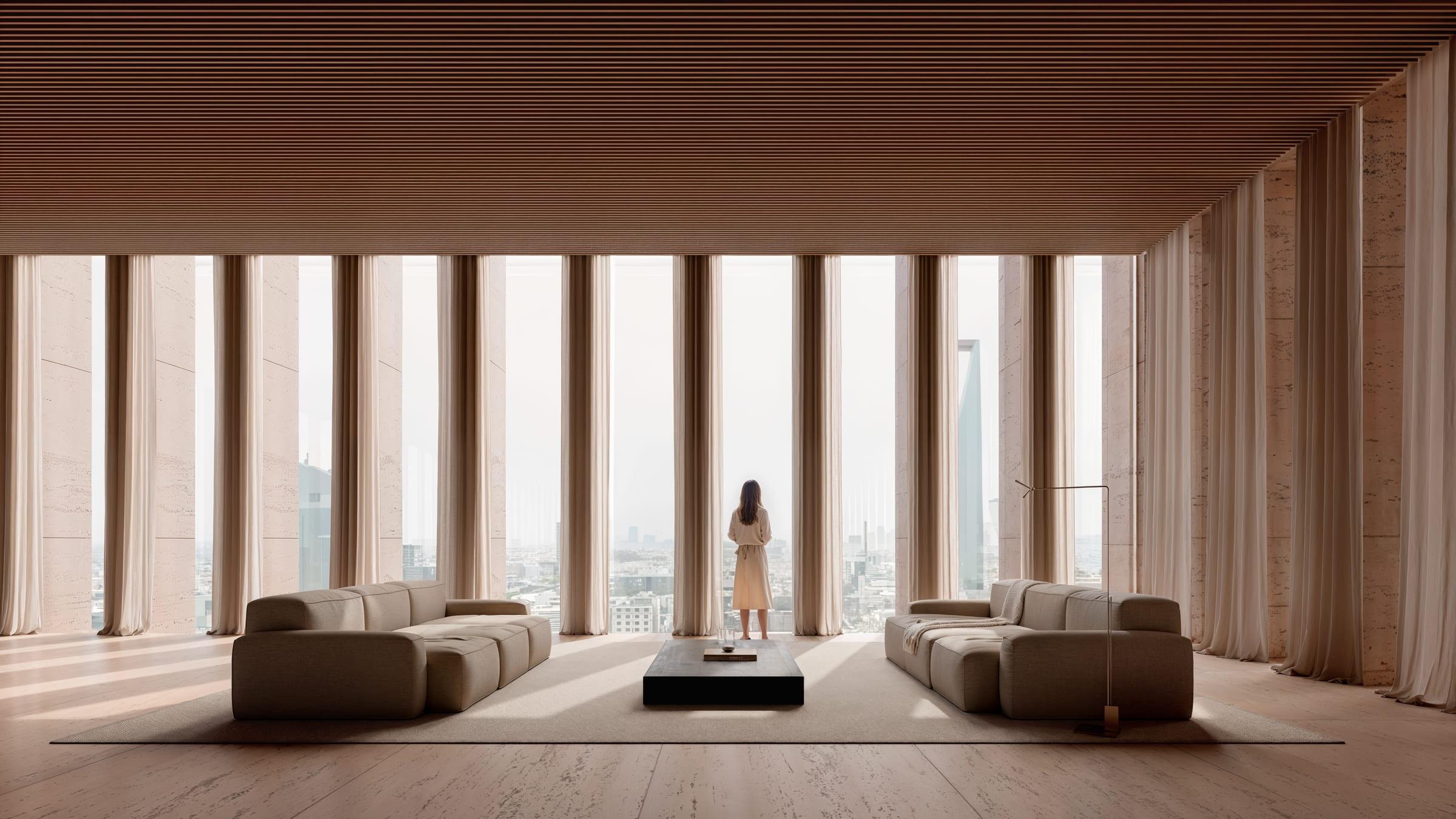 Barzakh Tower — interior with full-height glazing framed by the stone lattice, city beyond