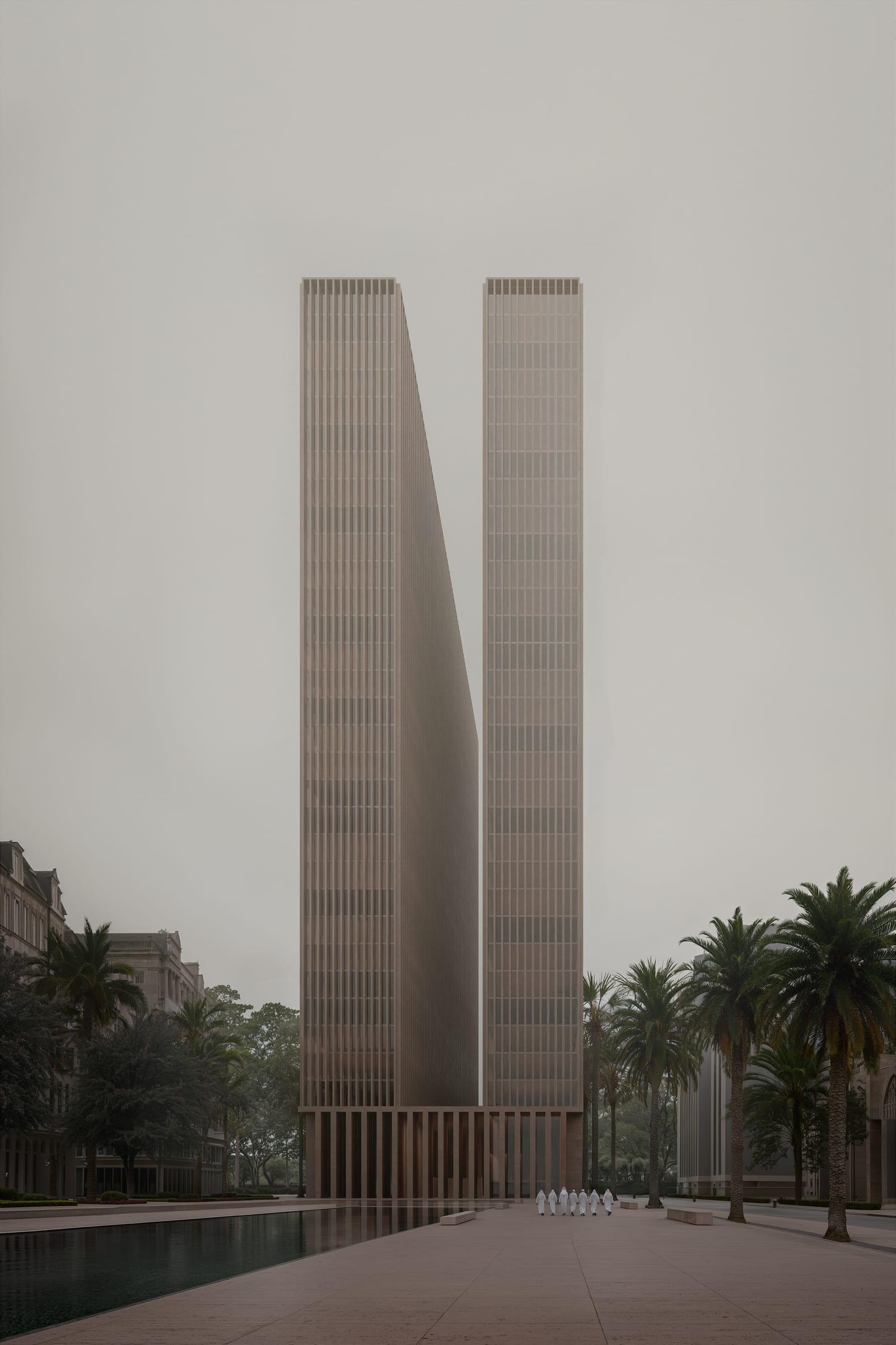 Barzakh Tower — the towers and connecting plinth seen as a single mass