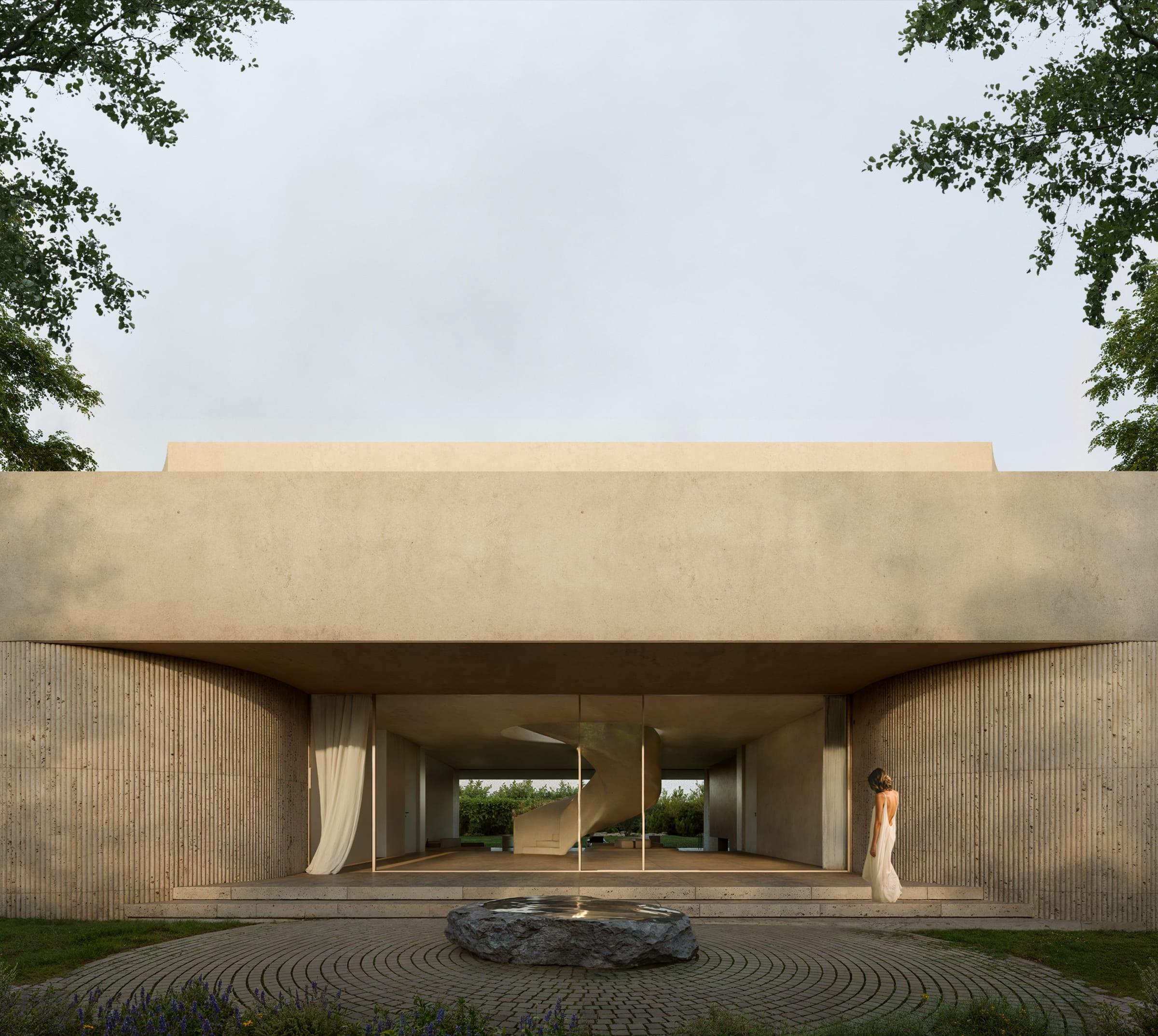 Moraleja CH40 House — entrance front, the volume cut open through its centre toward the garden