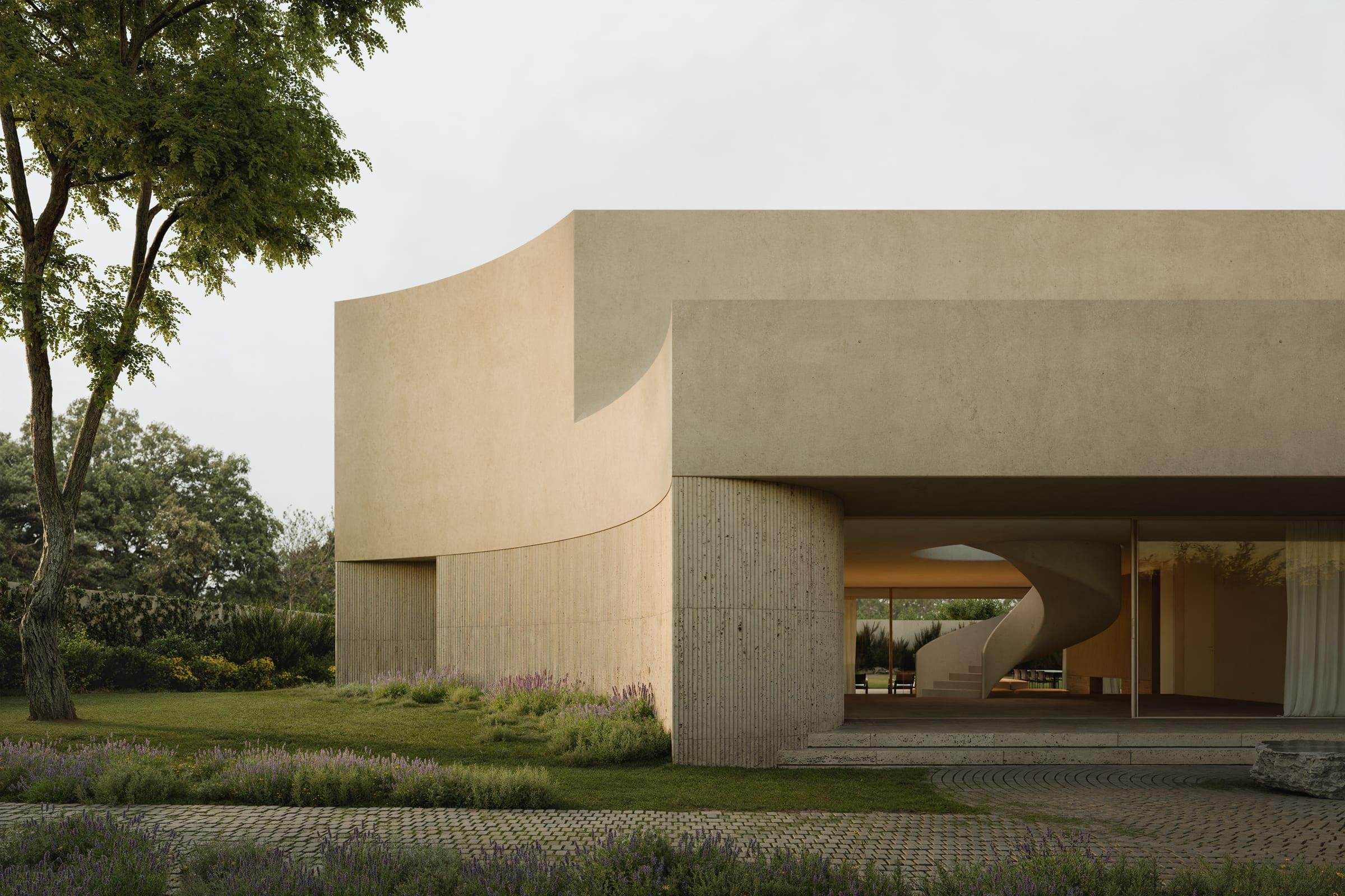 Moraleja CH40 House — lateral elevation, the low sand-rendered mass