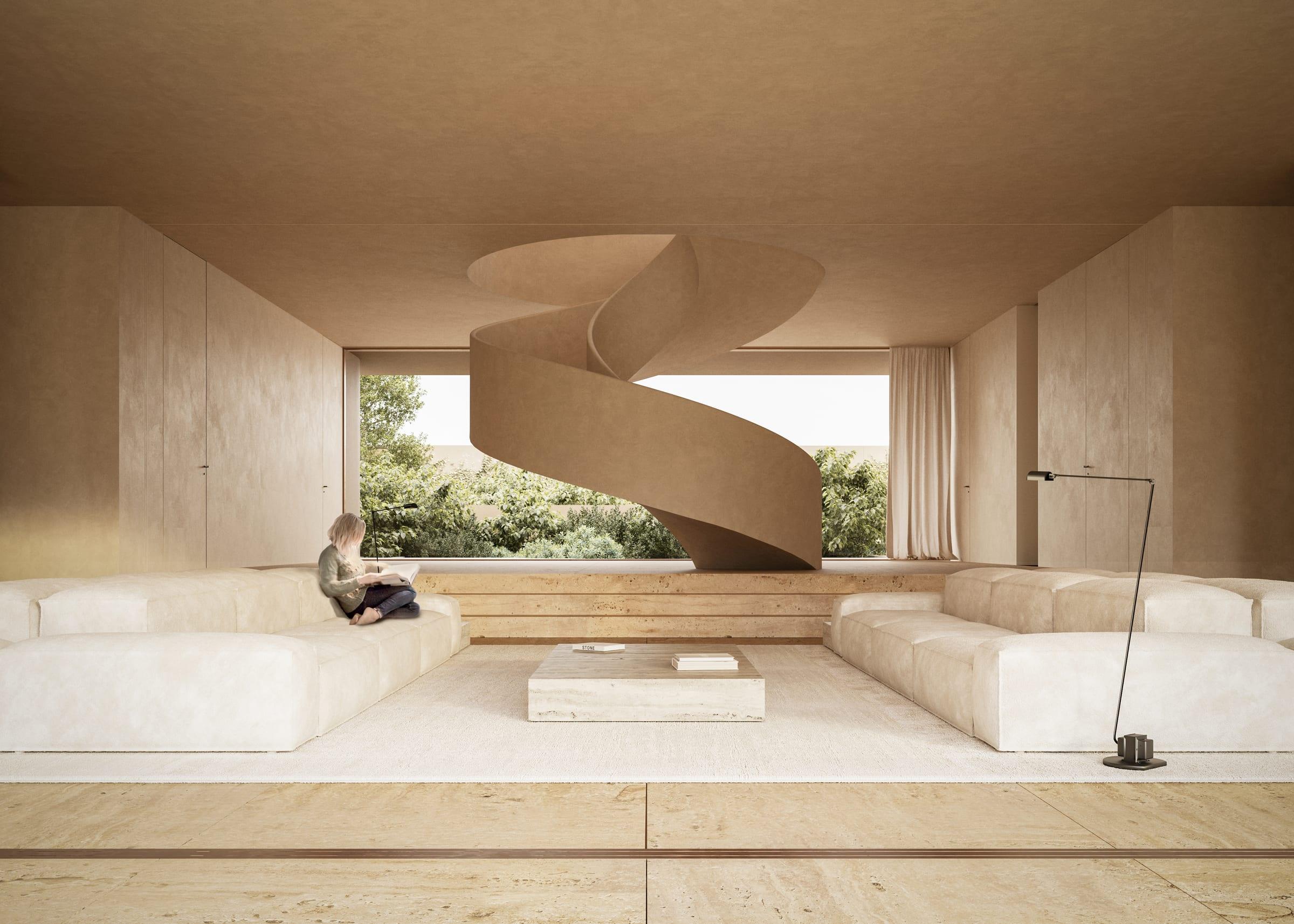 Moraleja CH40 House — living room with the sculptural stair, garden on both faces
