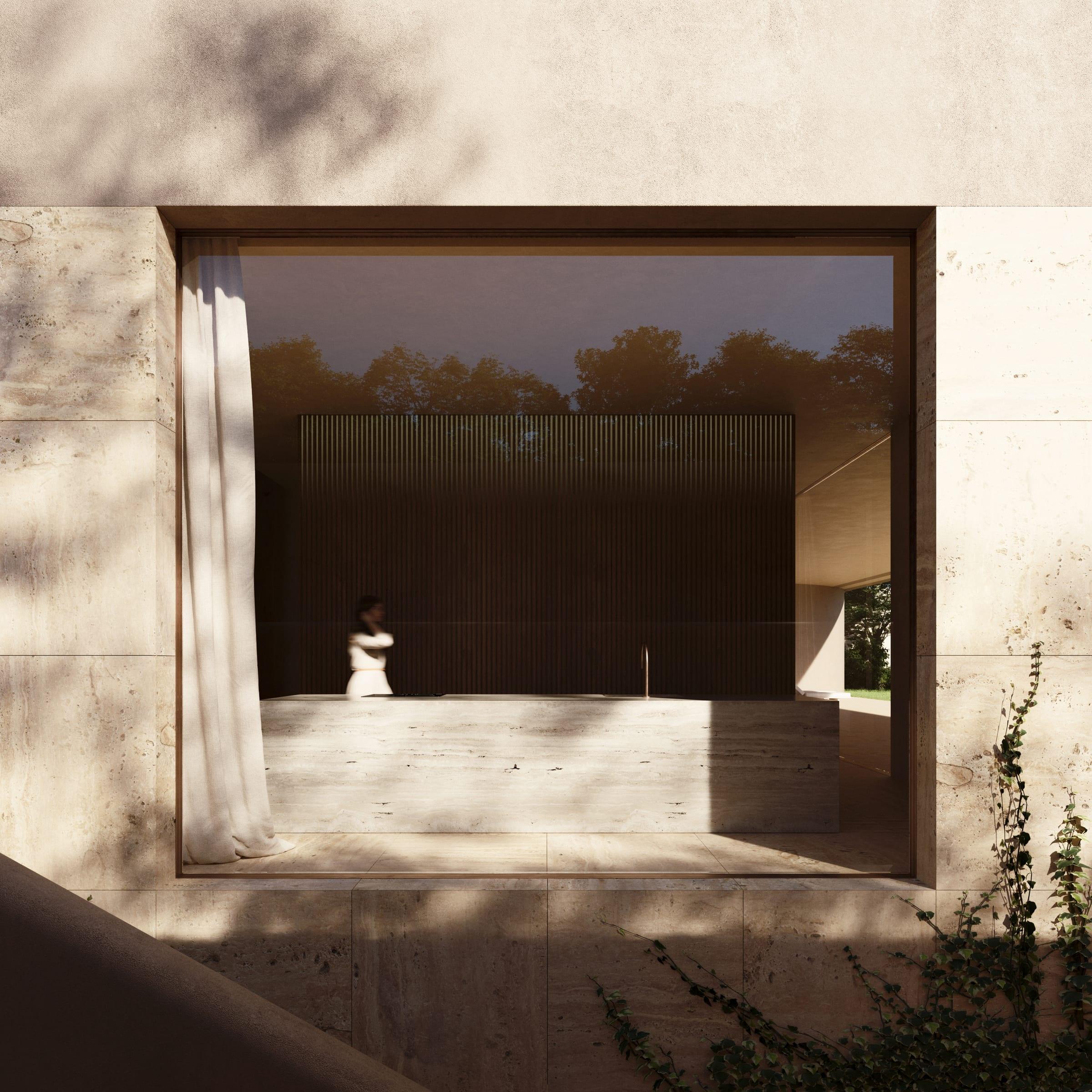 Moraleja CH40 House — kitchen in pale stone and timber