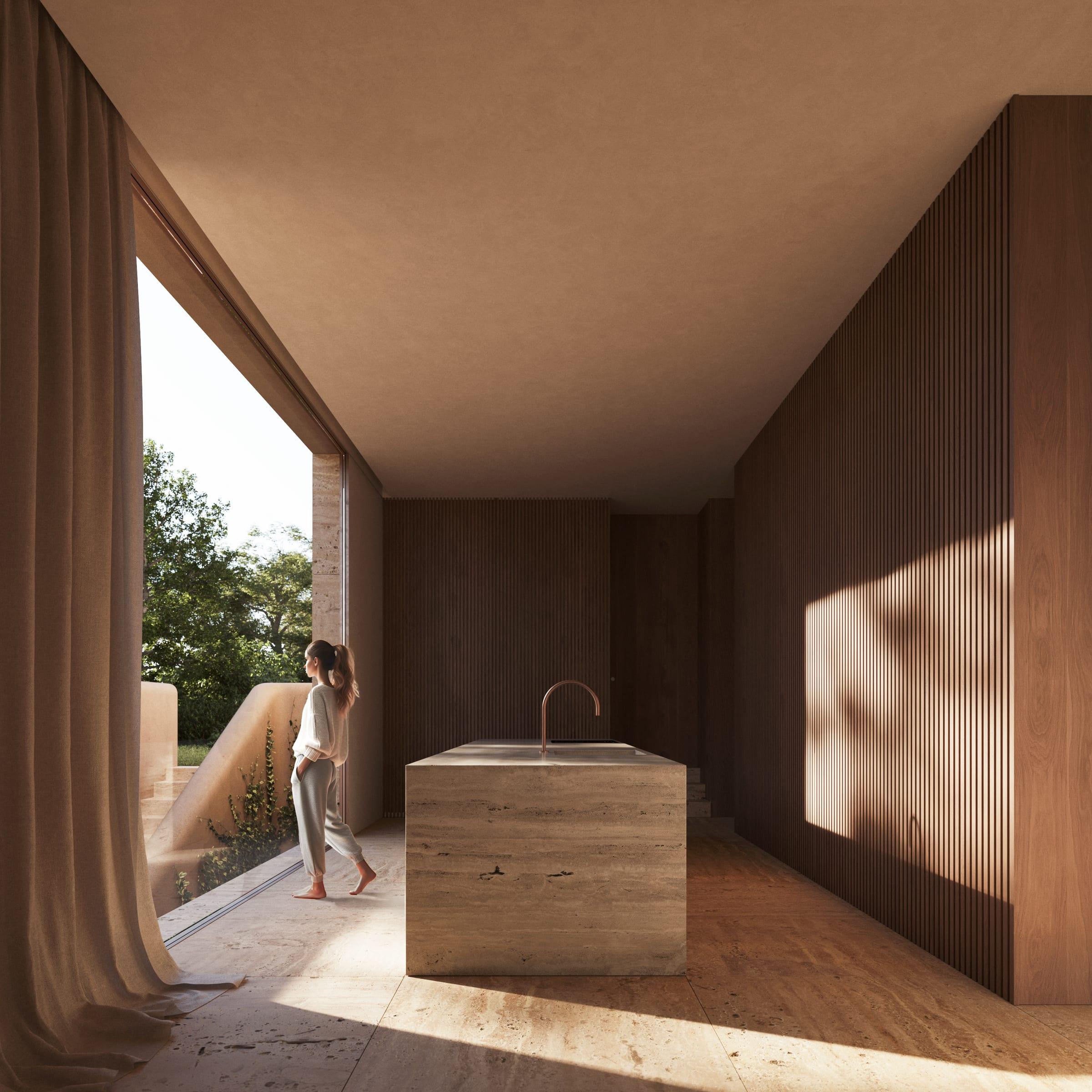 Moraleja CH40 House — kitchen, continuous warm palette