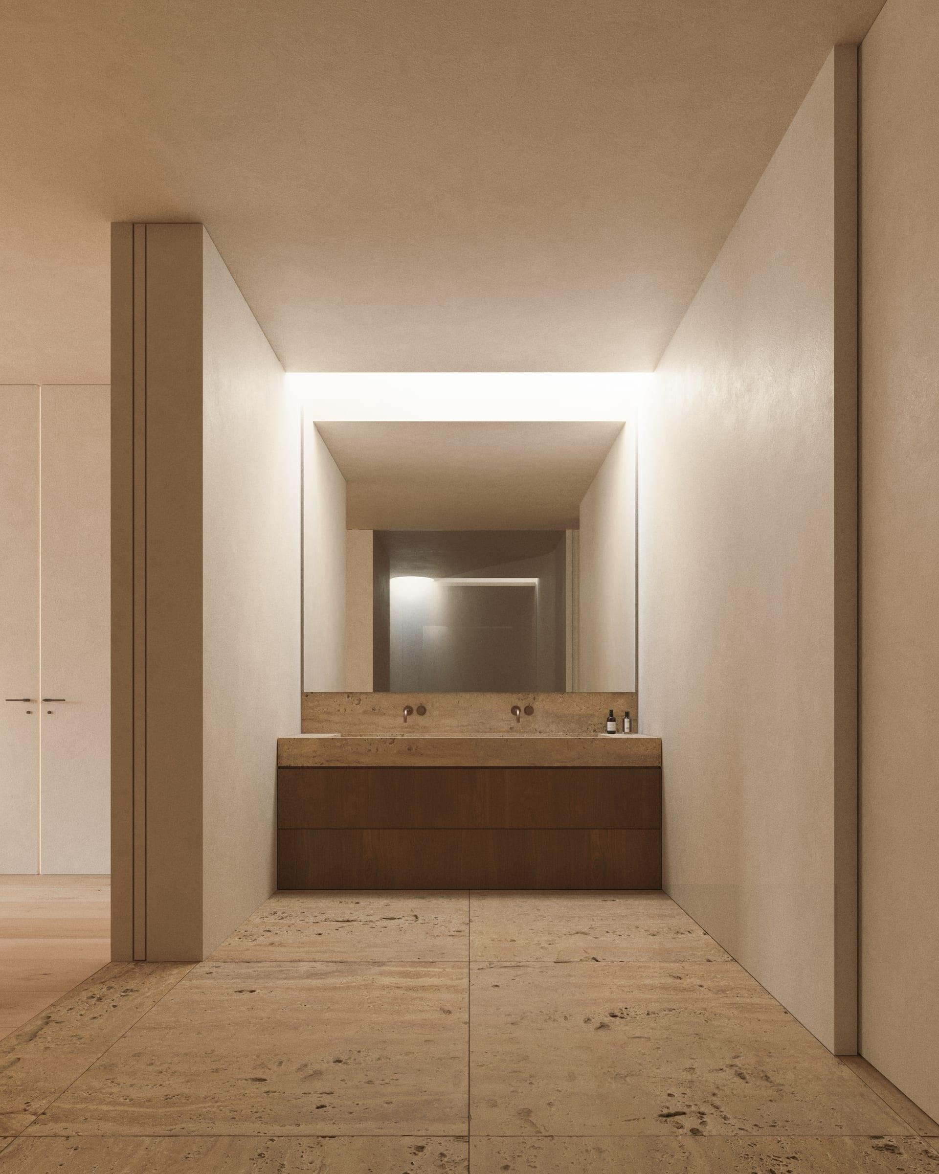 Moraleja CH40 House — master bathroom in travertine
