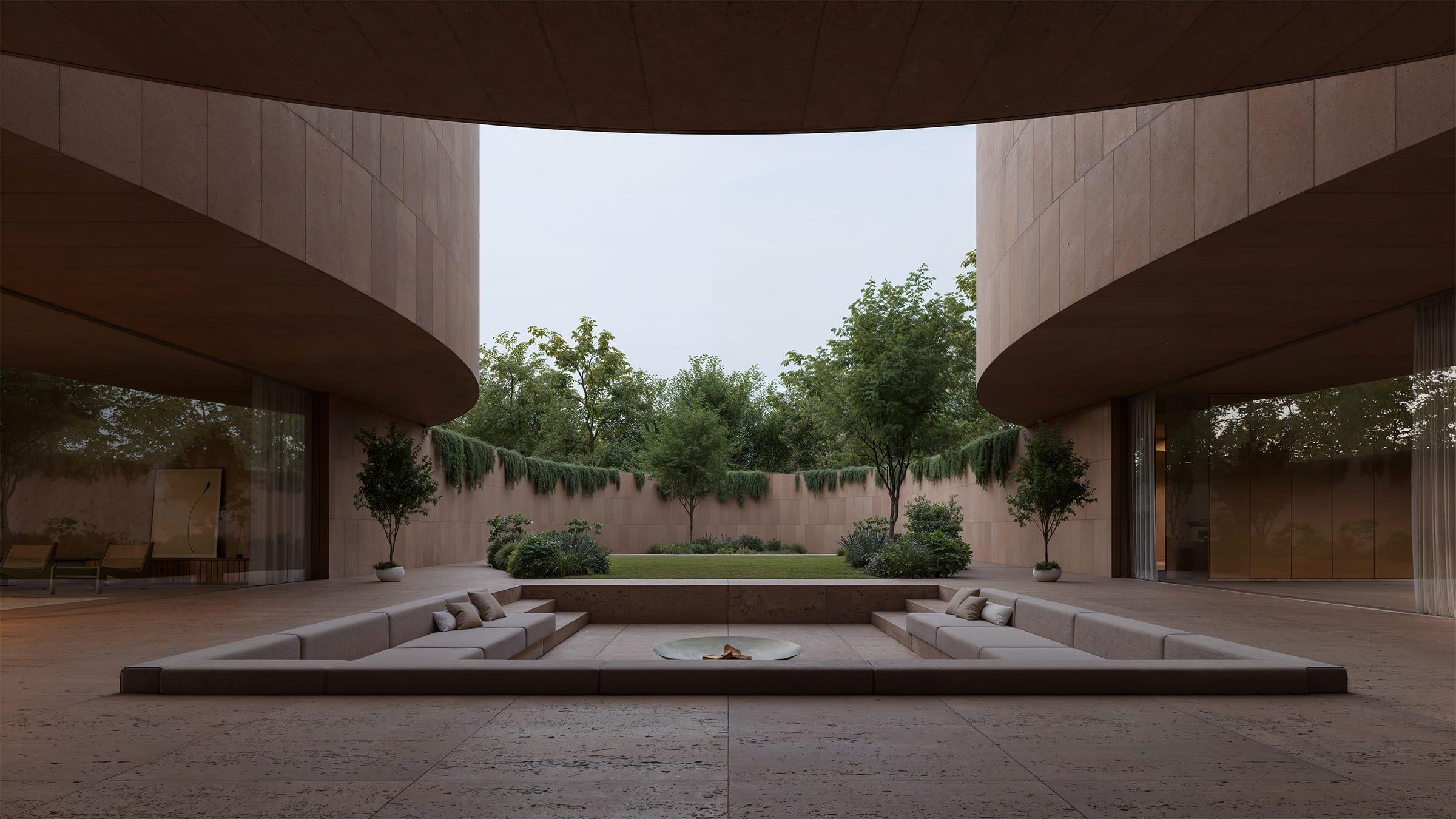 Round House — courtyard at ground level, stone paving and planting