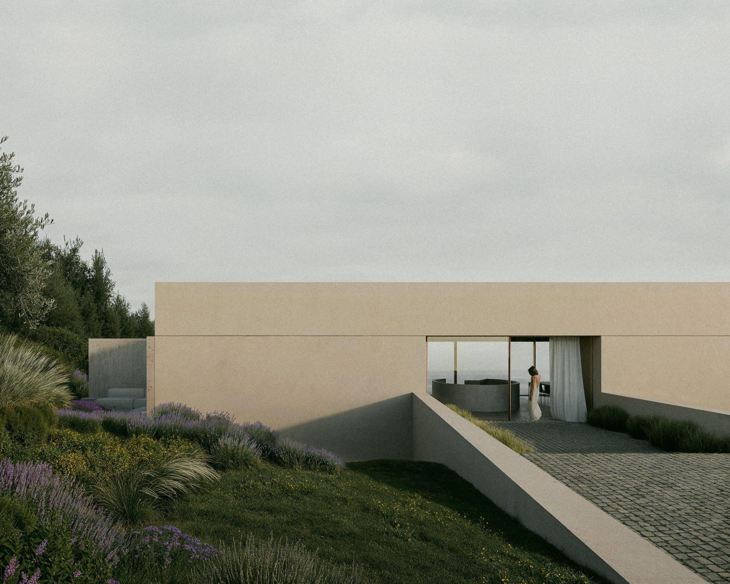 Bunker House, approach and sunken courtyard framed to the sea, Ibiza, visualisation