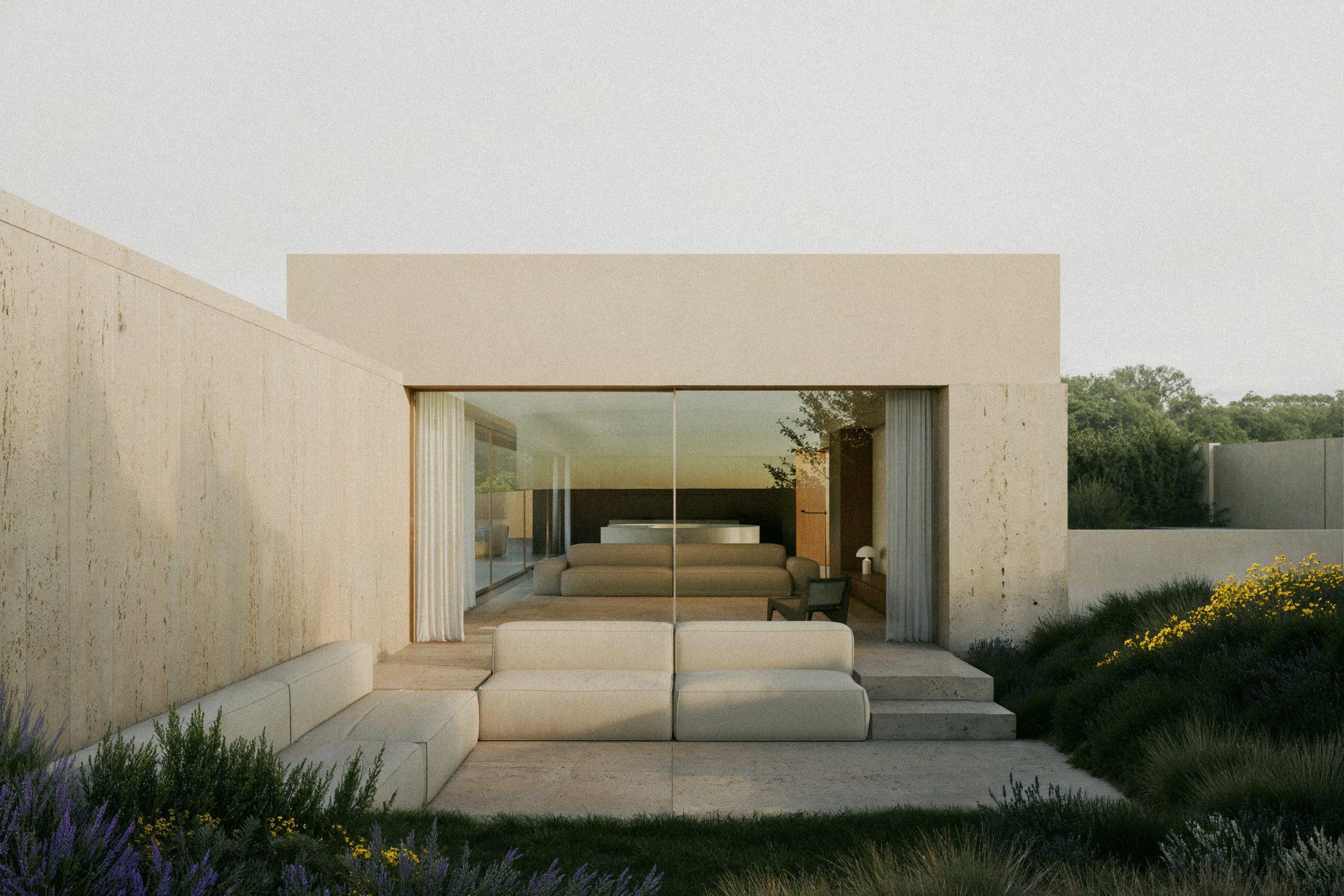 Bunker House travertine courtyard overlooking the sea, Ibiza, visualisation