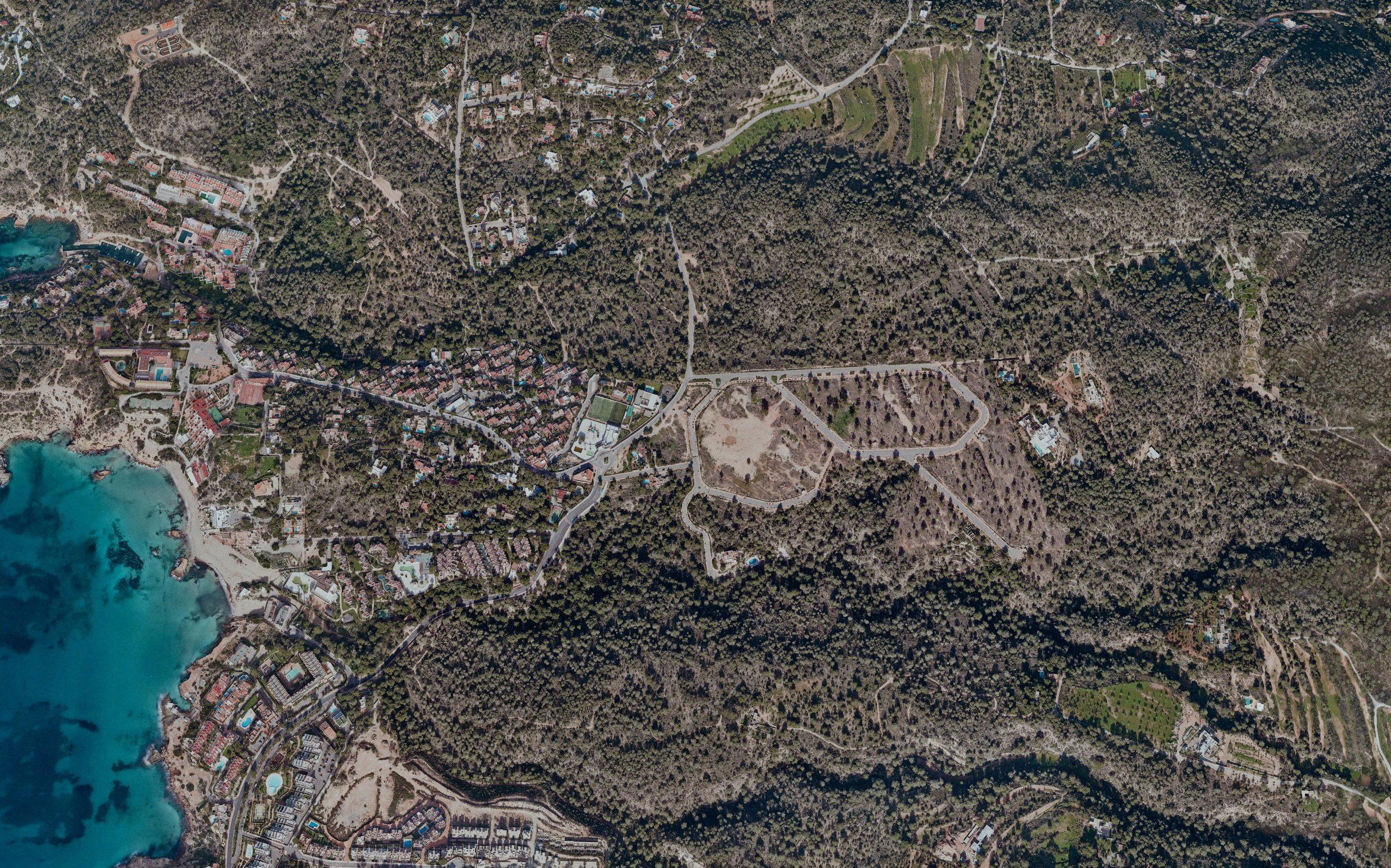 Aerial view of the site above Cala Tarida, Ibiza