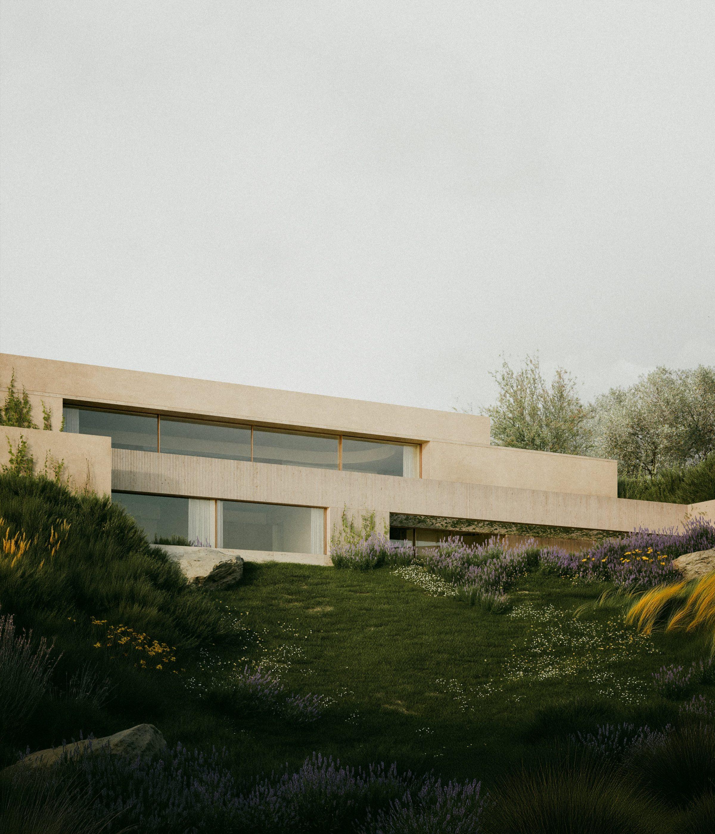 Bunker House, south elevation and Mediterranean meadow, Ibiza, visualisation