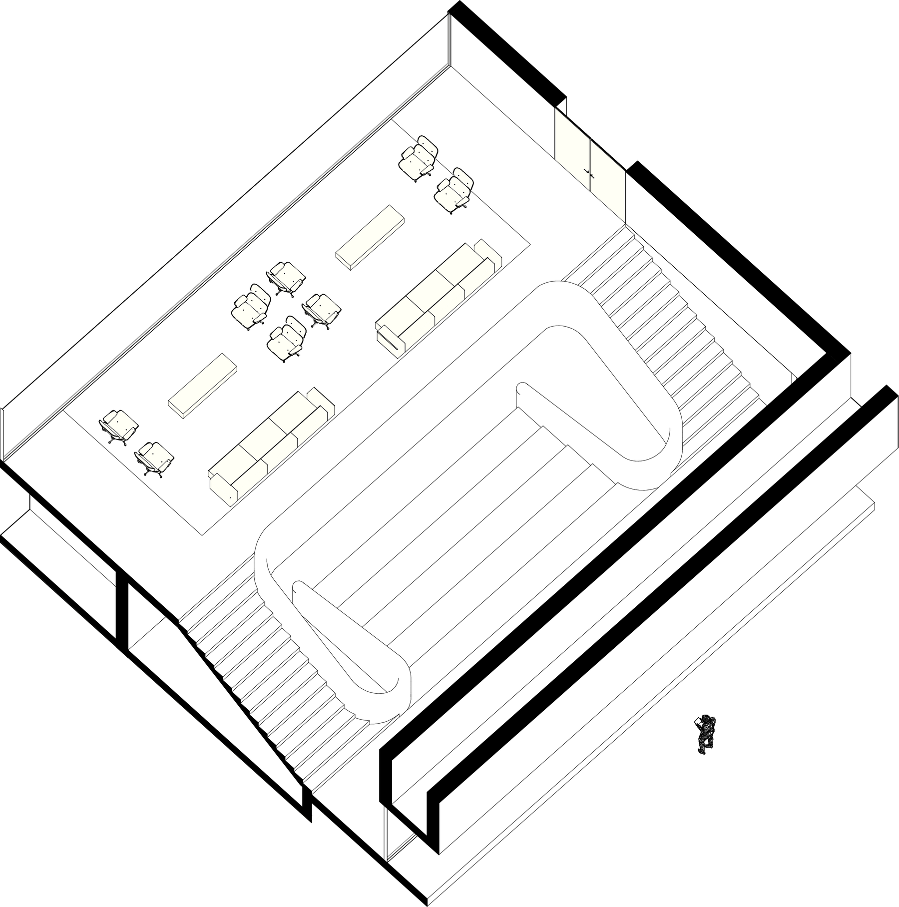 Axonometric drawing of the stair connecting both half levels