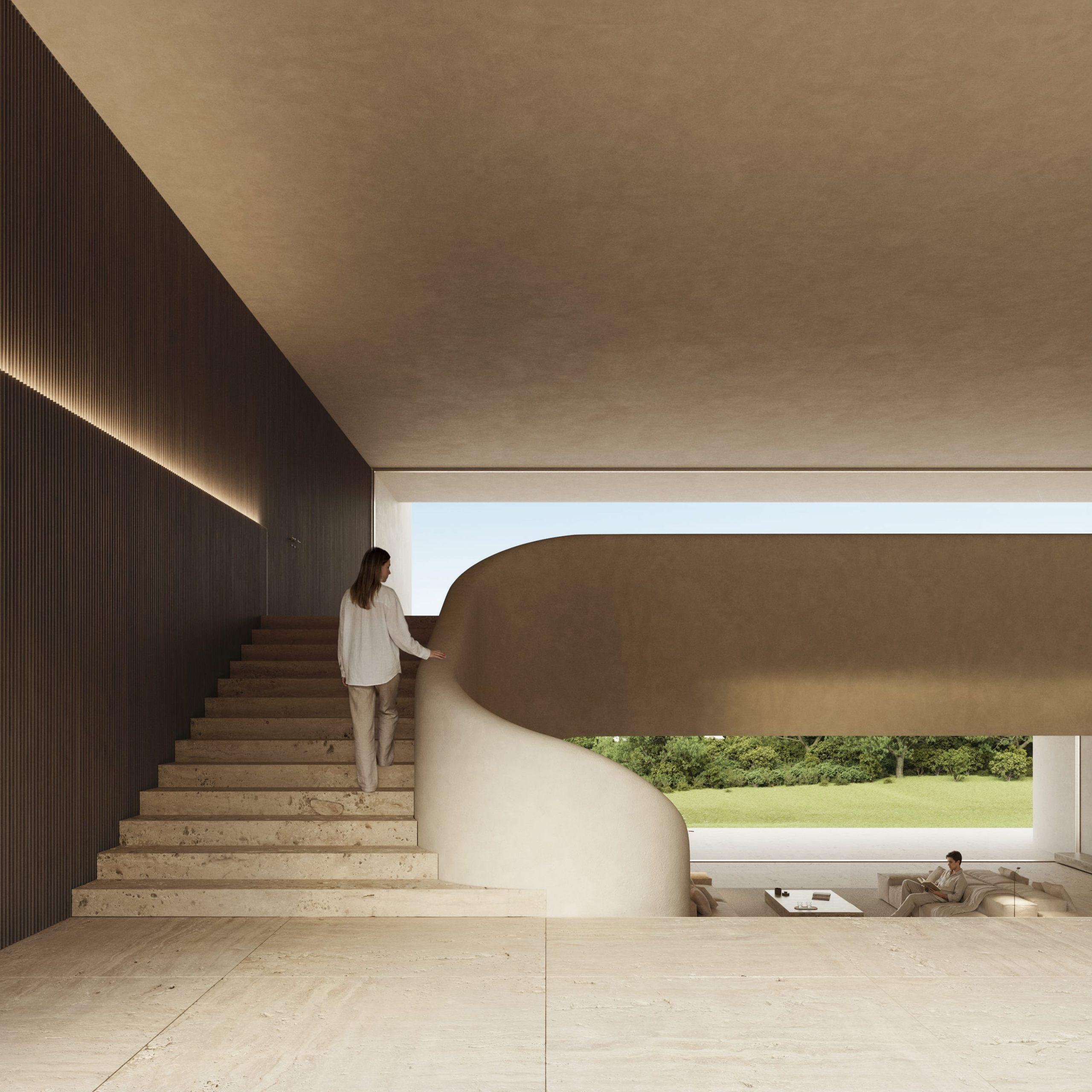 The stair rising from the entrance level, with the day rooms dropping away towards the garden