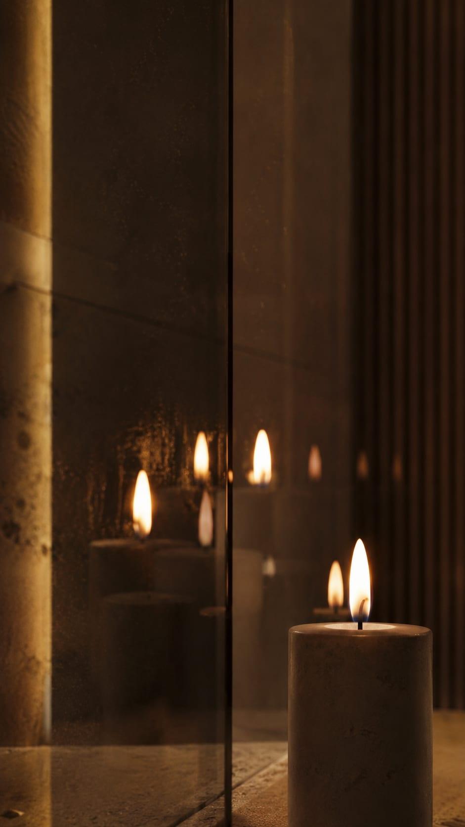Moraleja CN6 House, bathroom detail: candlelight and travertine