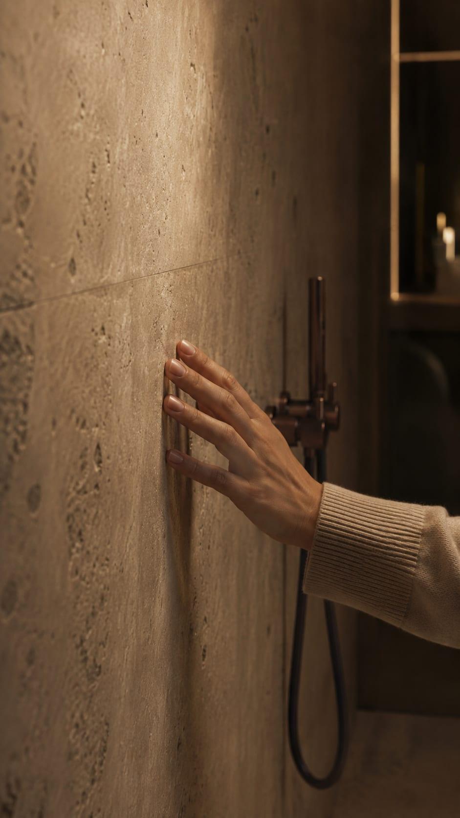 Moraleja CN6 House, bathroom detail: a hand on the travertine wall