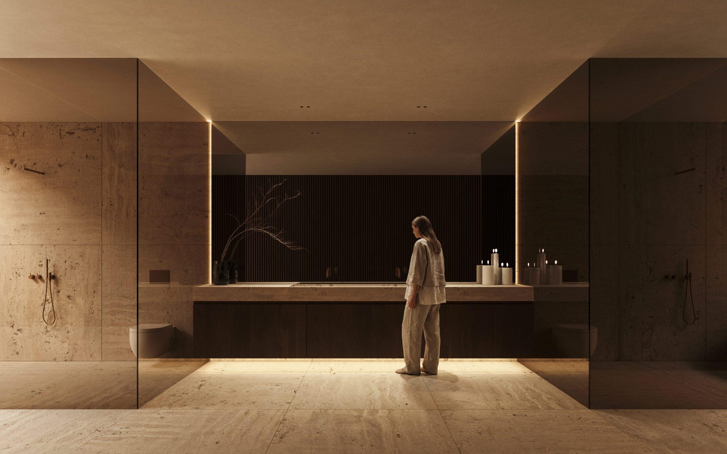 Moraleja CN6 House, the master bathroom in travertine and oak, La Moraleja, Madrid