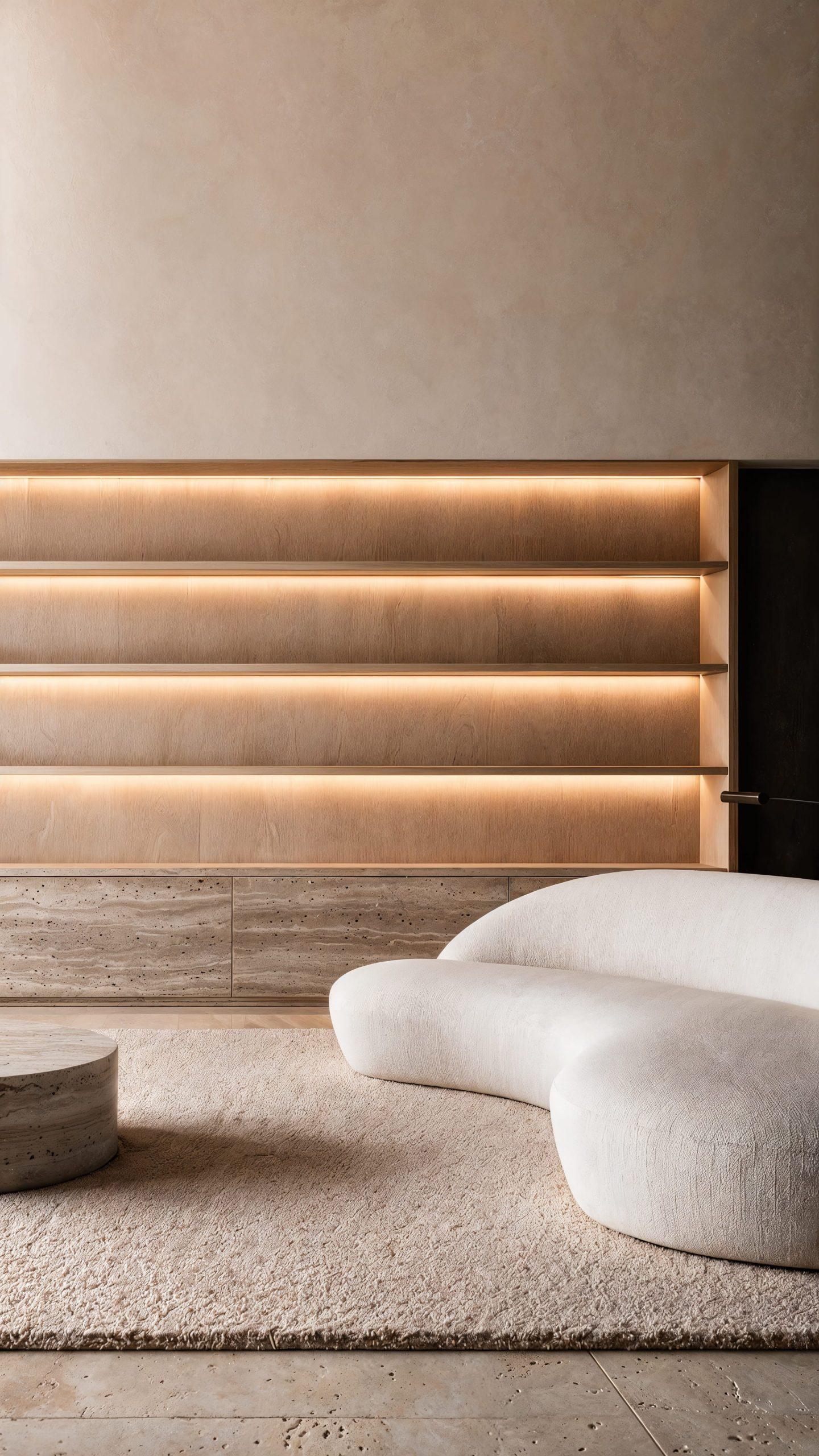 Moraleja CN6 House, the living room shelving and sofa, La Moraleja, Madrid