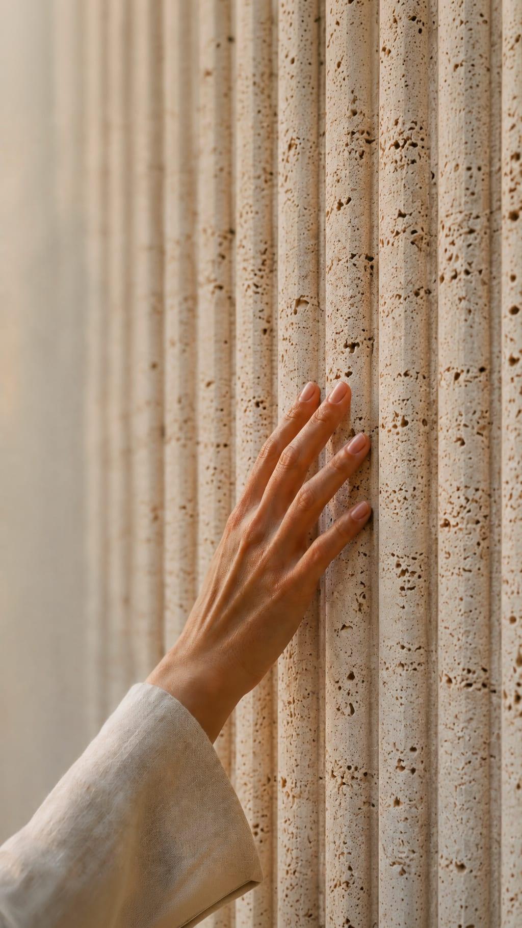 Moraleja CN6 House, material detail: fluted travertine