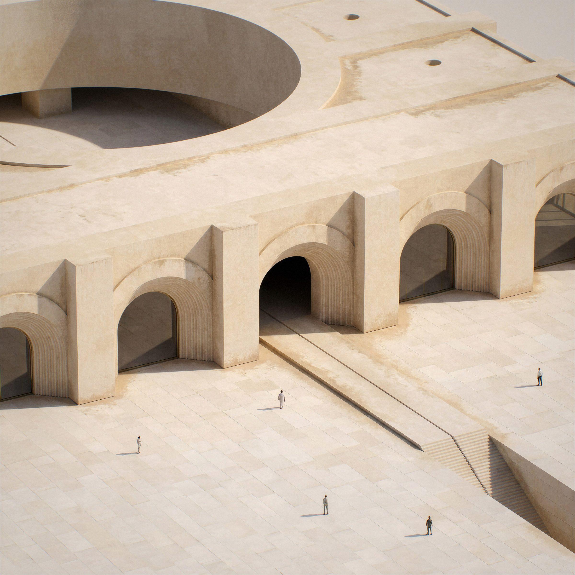 Museum of Contemporary Art, Saudi Arabia — aerial view of the arcaded front, the forecourt and the stair on the axis