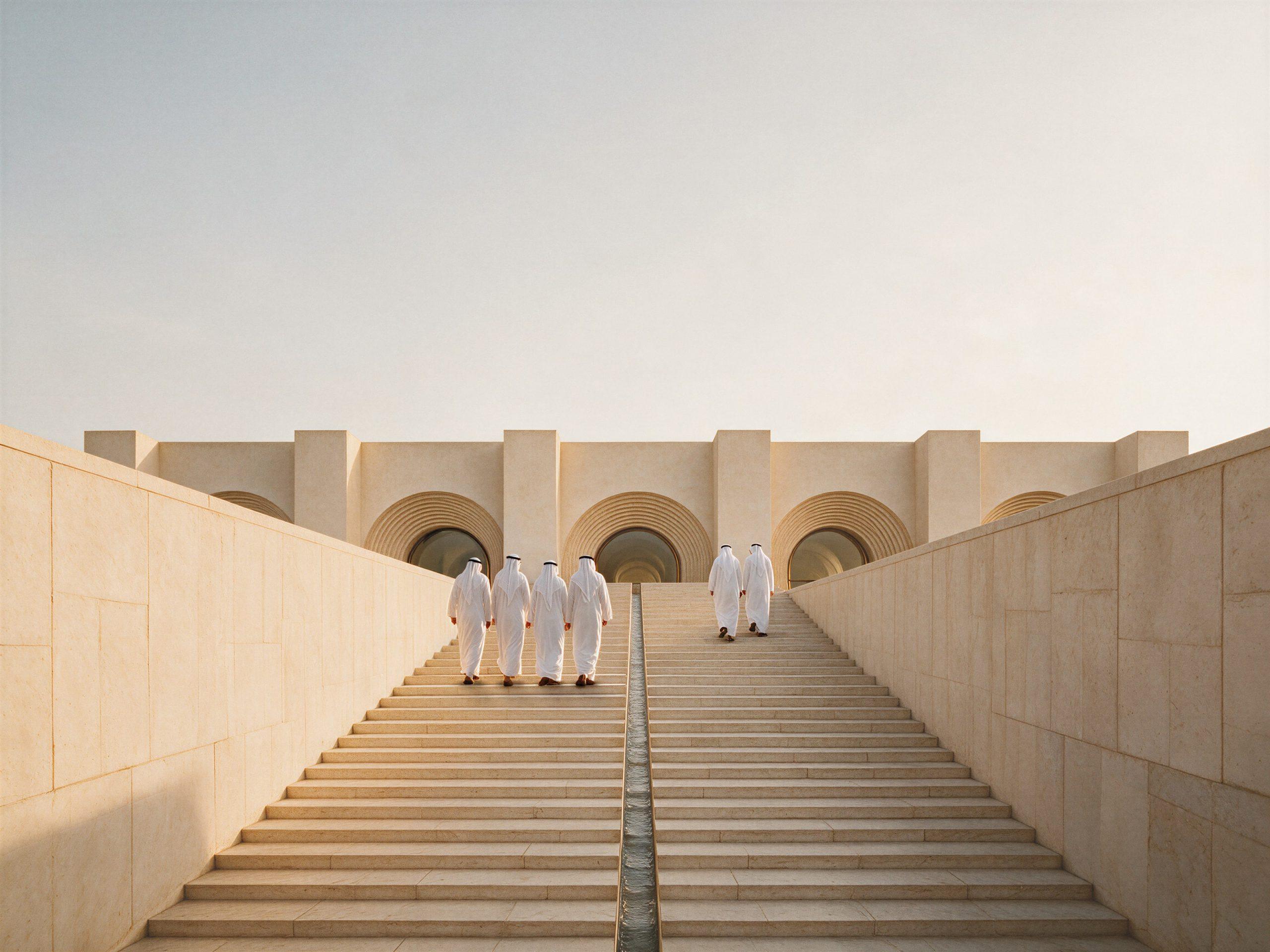 Museum of Contemporary Art, Saudi Arabia — the stair between two stone walls, a channel of water at its centre