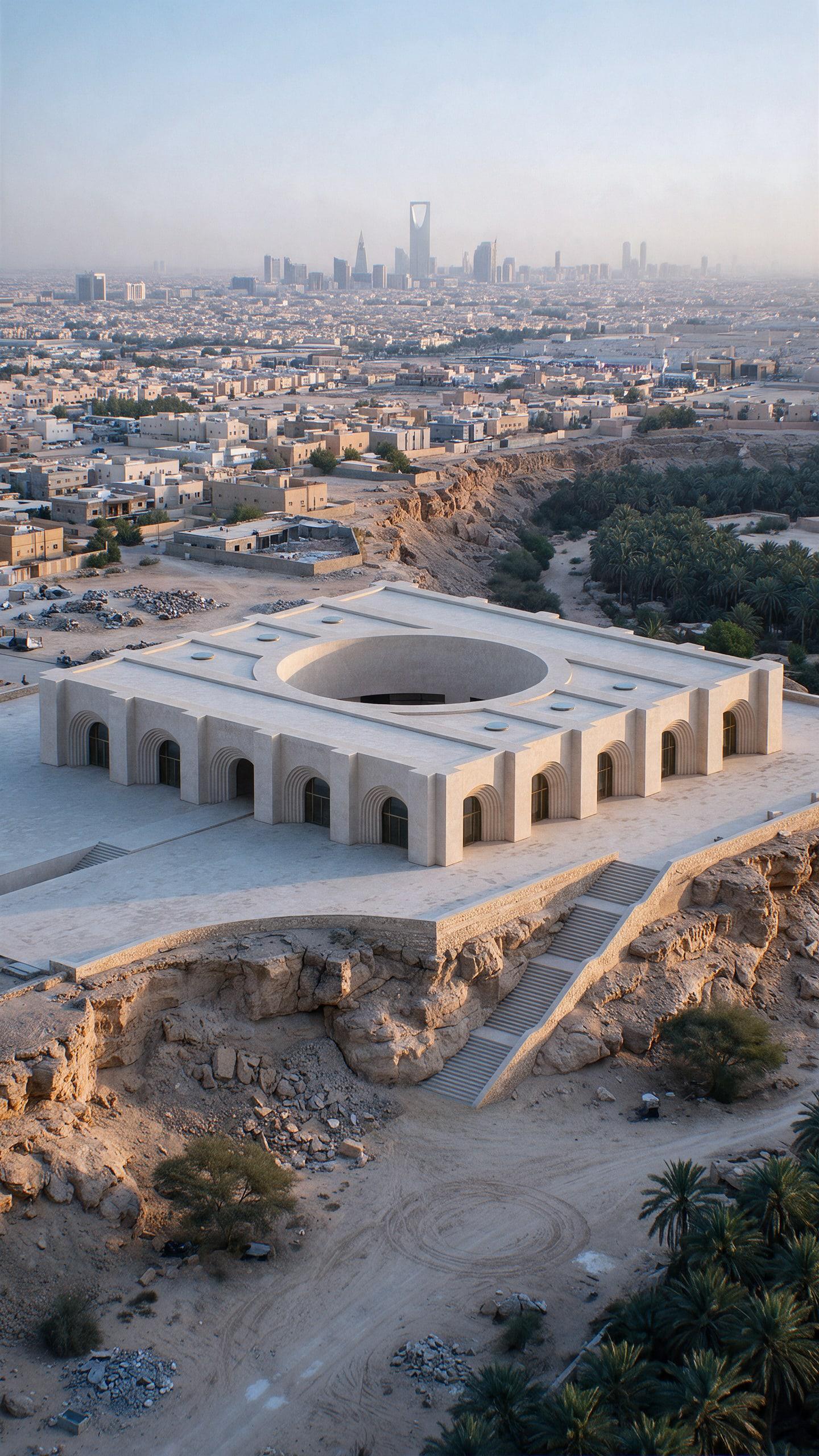 Museum of Contemporary Art, Saudi Arabia — aerial view at low sun, the platform cut into the escarpment and the stair down to the wadi
