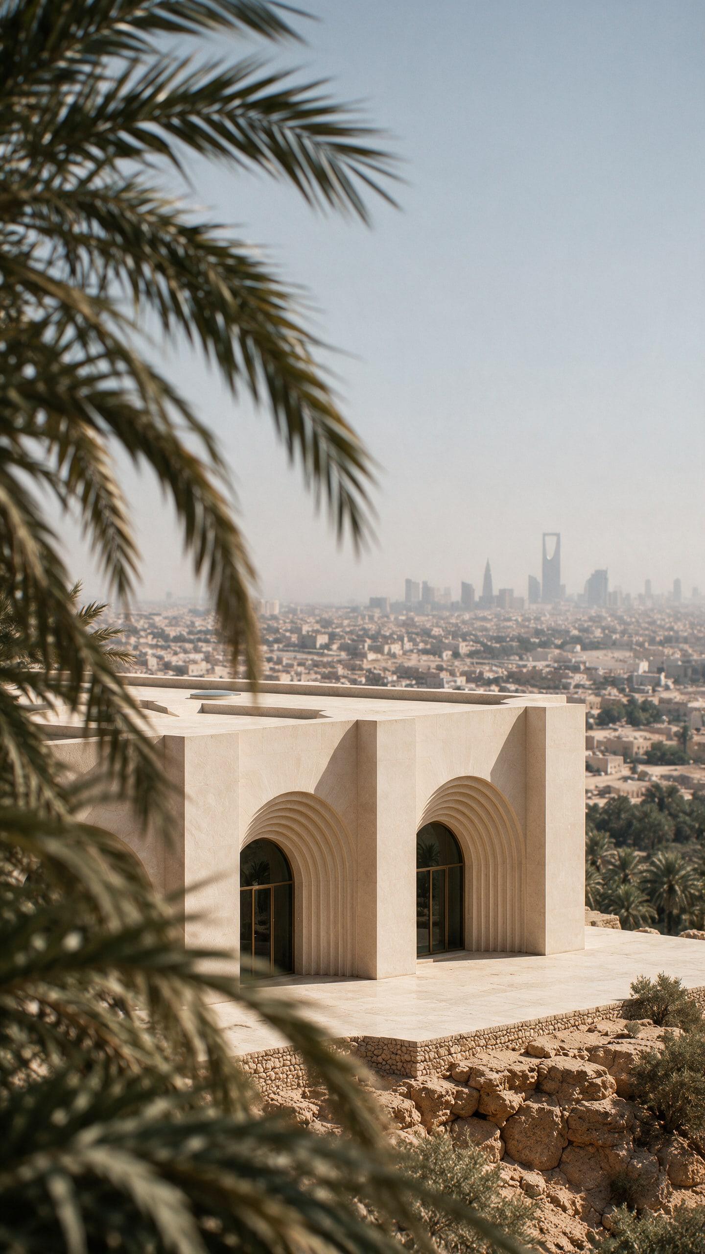 Museum of Contemporary Art, Saudi Arabia — two stepped arches on the edge of the platform, the city beyond