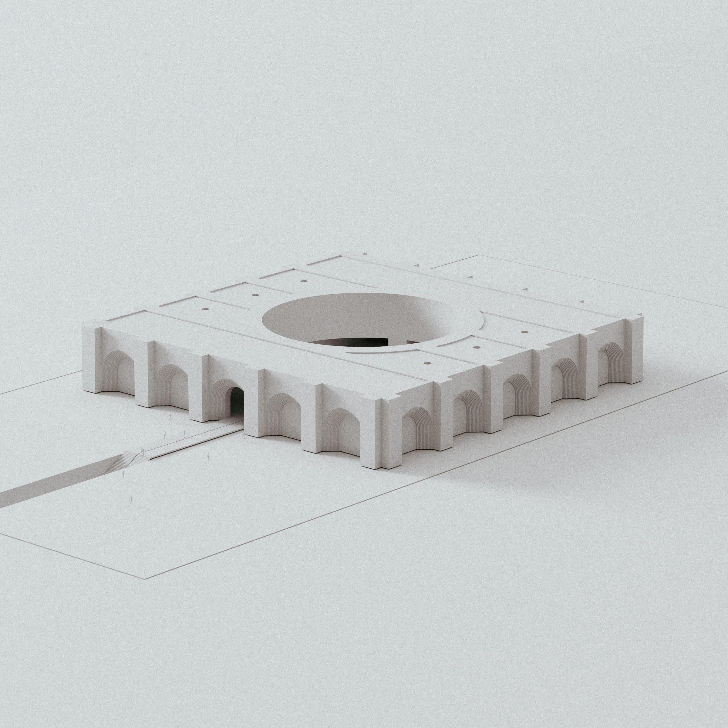 Museum of Contemporary Art, Saudi Arabia — study model, the building as a single square body with a circular court