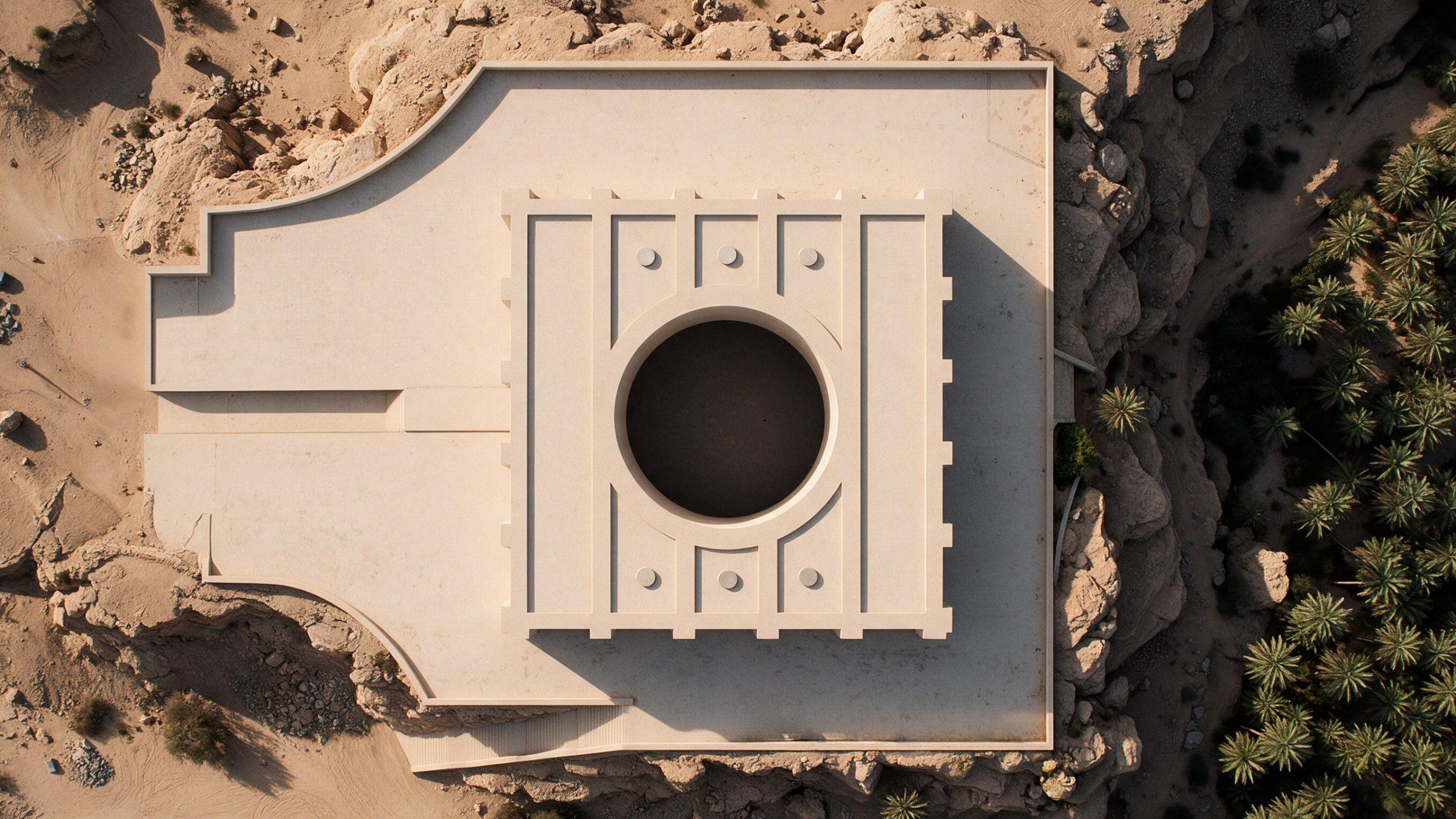 Museum of Contemporary Art, Saudi Arabia — seen from directly above, a square body of stone with a circular court at its centre