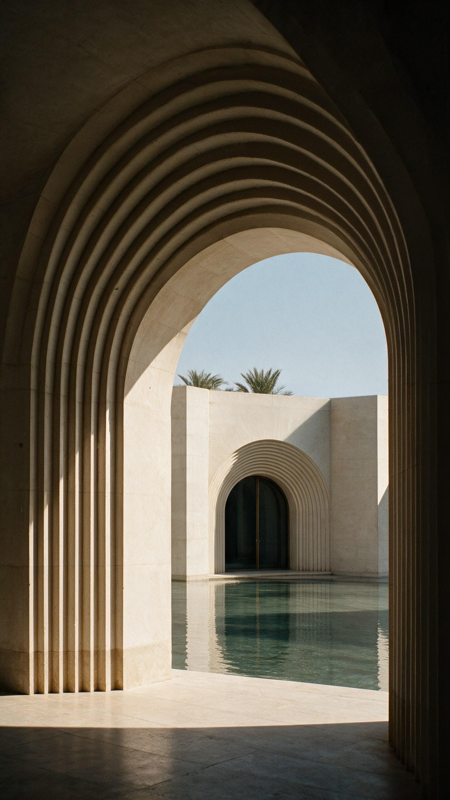 Museum of Contemporary Art, Saudi Arabia — from inside the depth of an arch, looking out across the water to the next one