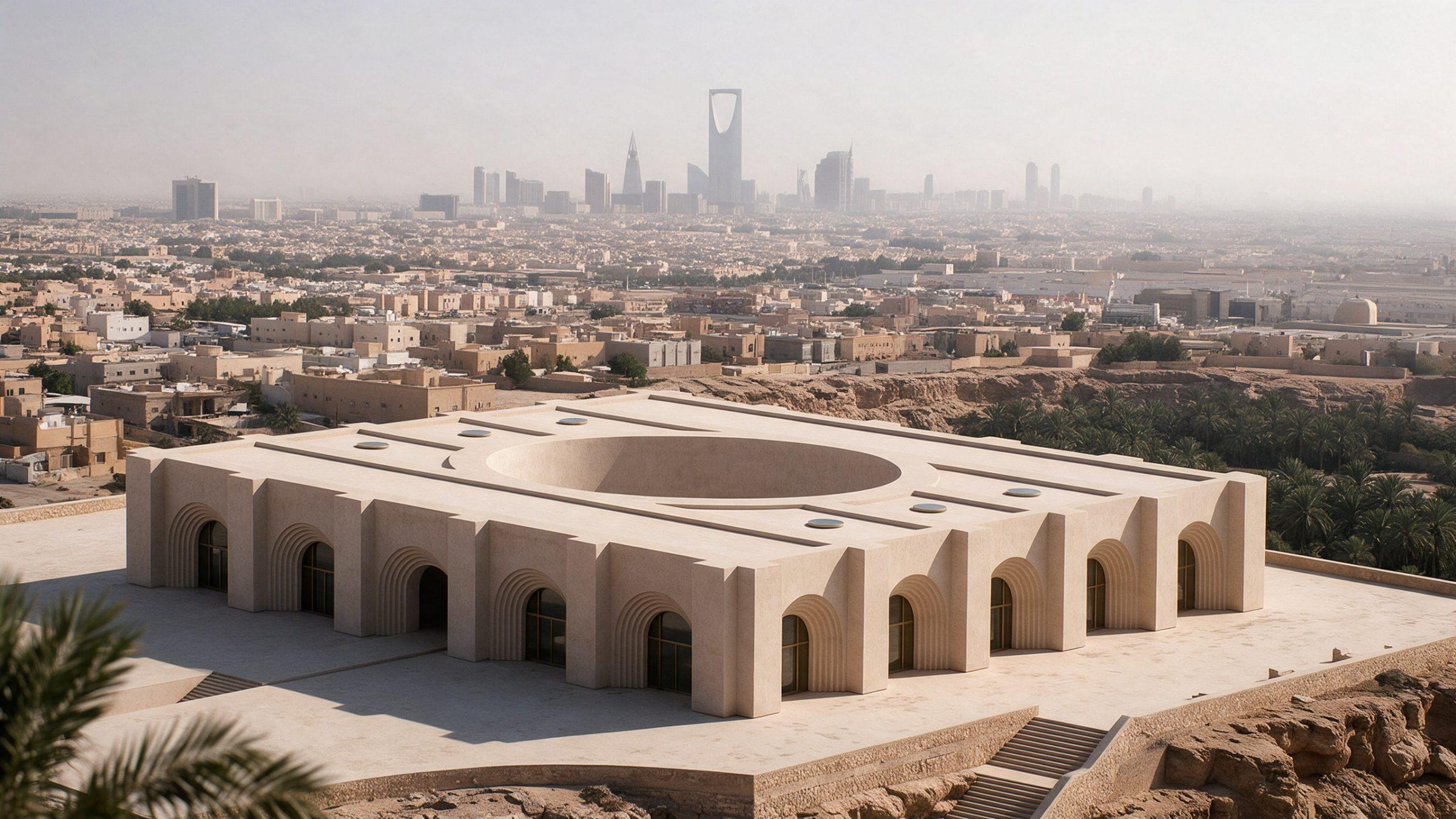 Museum of Contemporary Art, Saudi Arabia — the arcaded body on the edge of a wadi, the city beyond in the haze