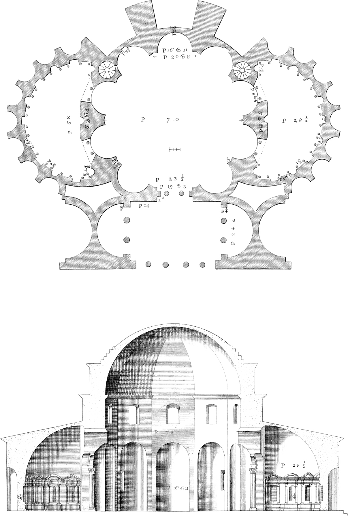 Andrea Palladio, plan and section of the temple called the Galluce in Rome, its thick walls hollowed into niches
