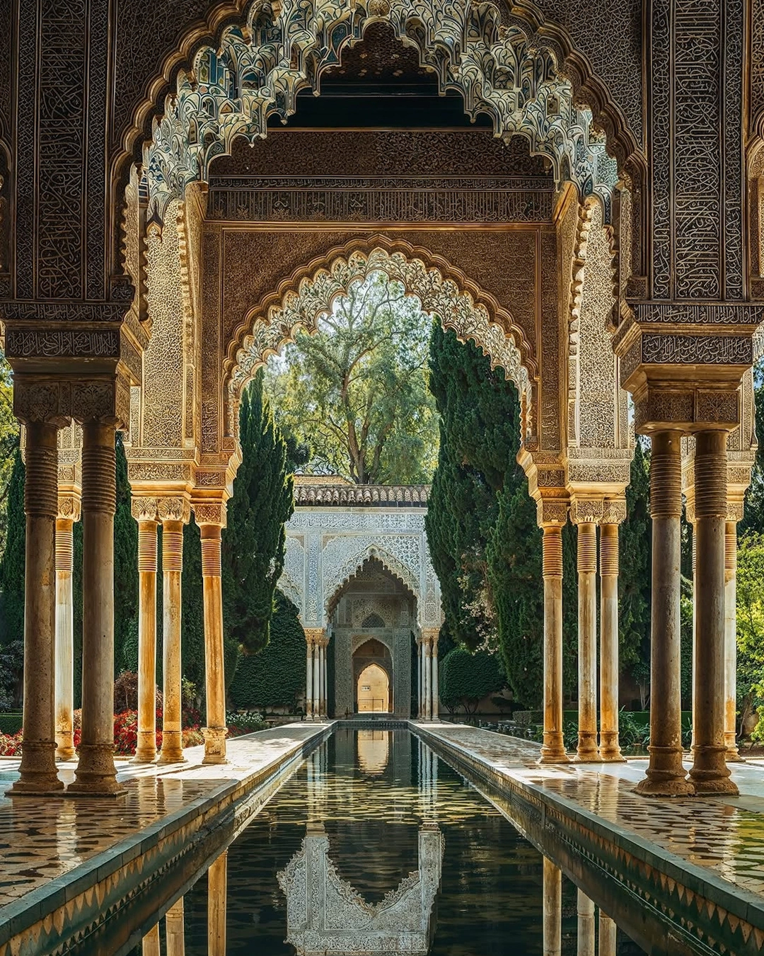 A long pool between arcades reflecting the arches, after the Patio de las Doncellas in Seville